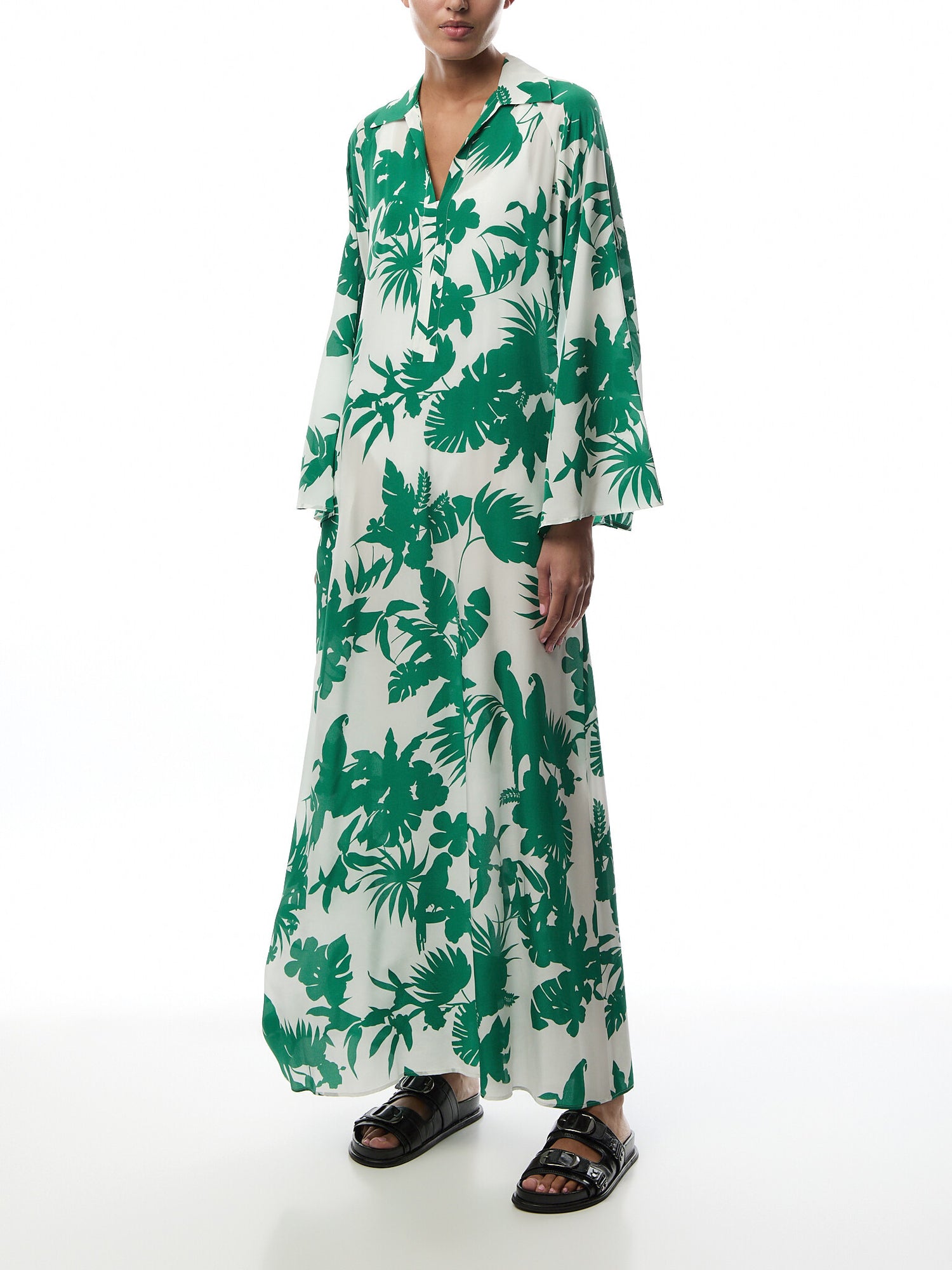 Livrea Vneck Kaftan Maxi Green Parrot Print