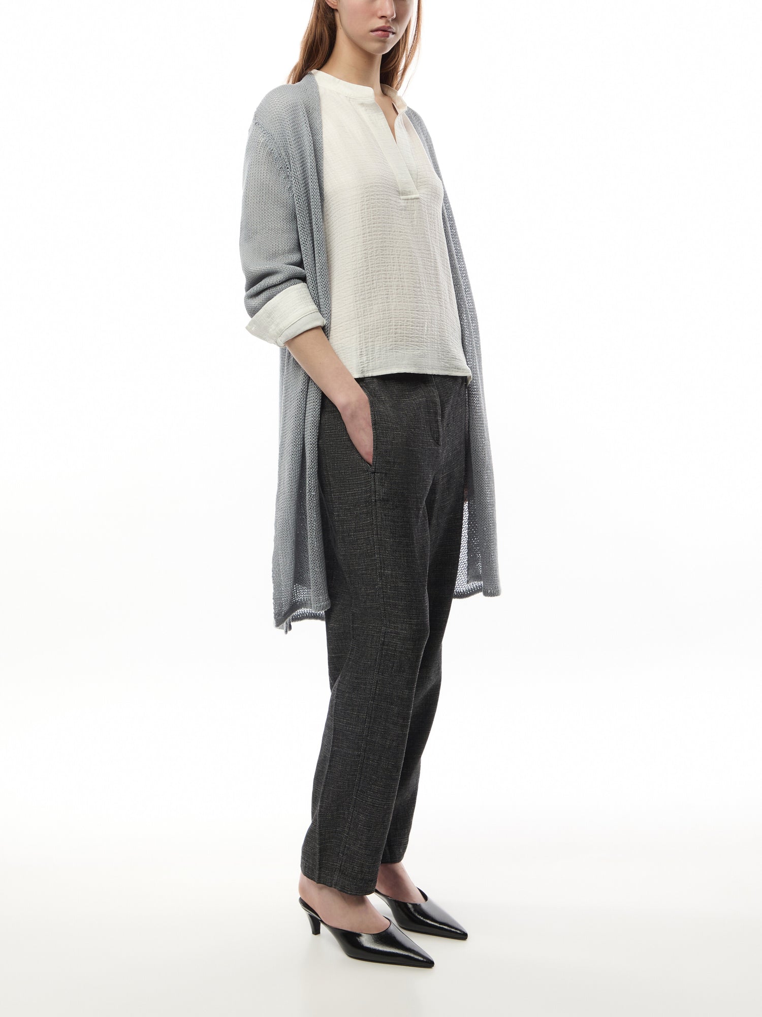 Silk Linen Box Band Collar Top