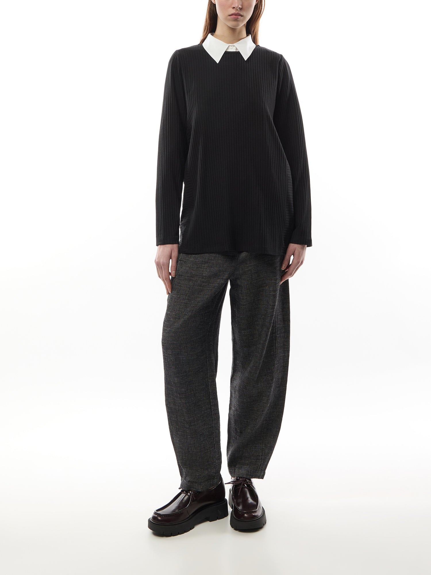 Textured Stretch Rib Round Neck Long-Sleeve Top