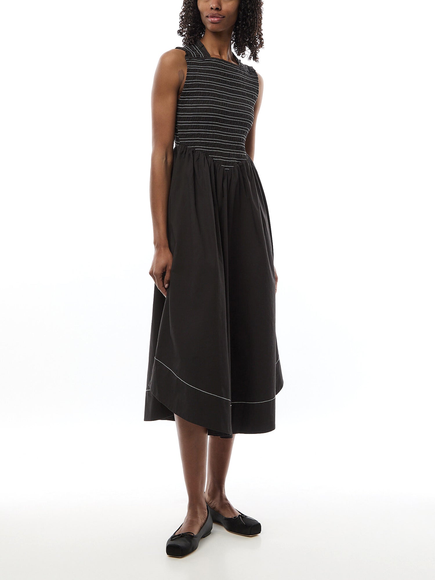 Washed Stretch Cotton Smock Midi Straps Dress