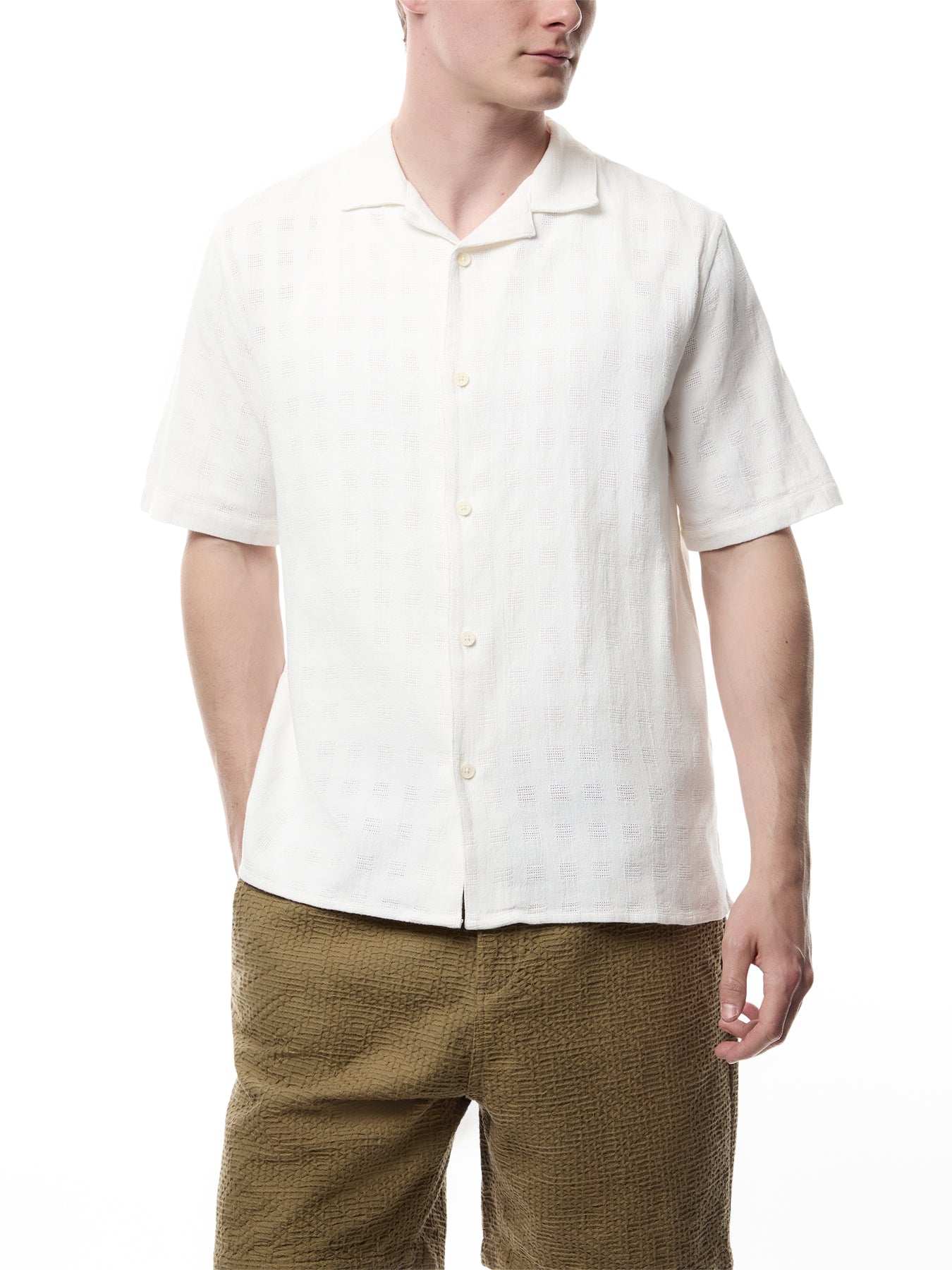 Didcot Ecru Open Weave Cotton Short-Sleeve Shirt