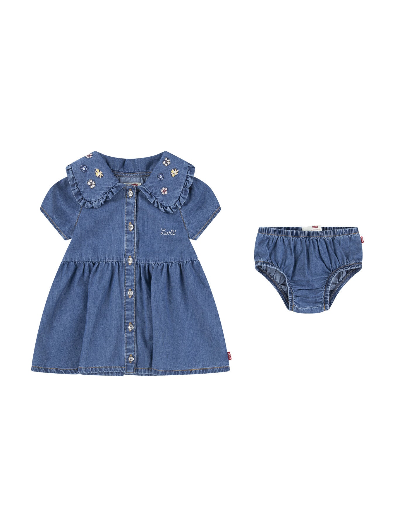 Baby Denim Dress With Embroidered Collar