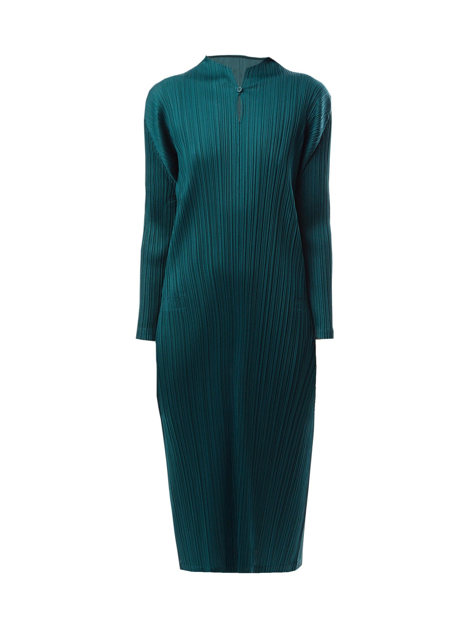 Pleats Mandarin Collar Long Sleeve Blue Green Dress