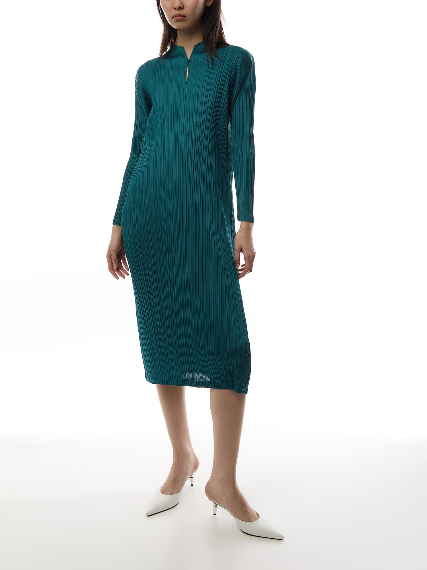 Pleats Mandarin Collar Long Sleeve Blue Green Dress