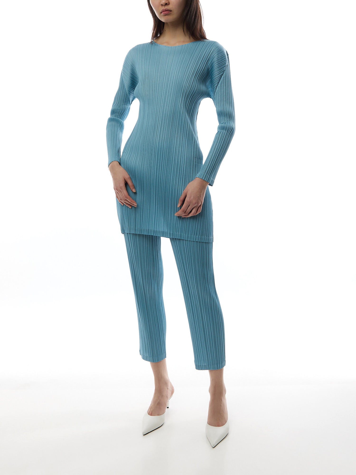 Pleats Crew Neck Long Sleeve Blue Grey Tunique