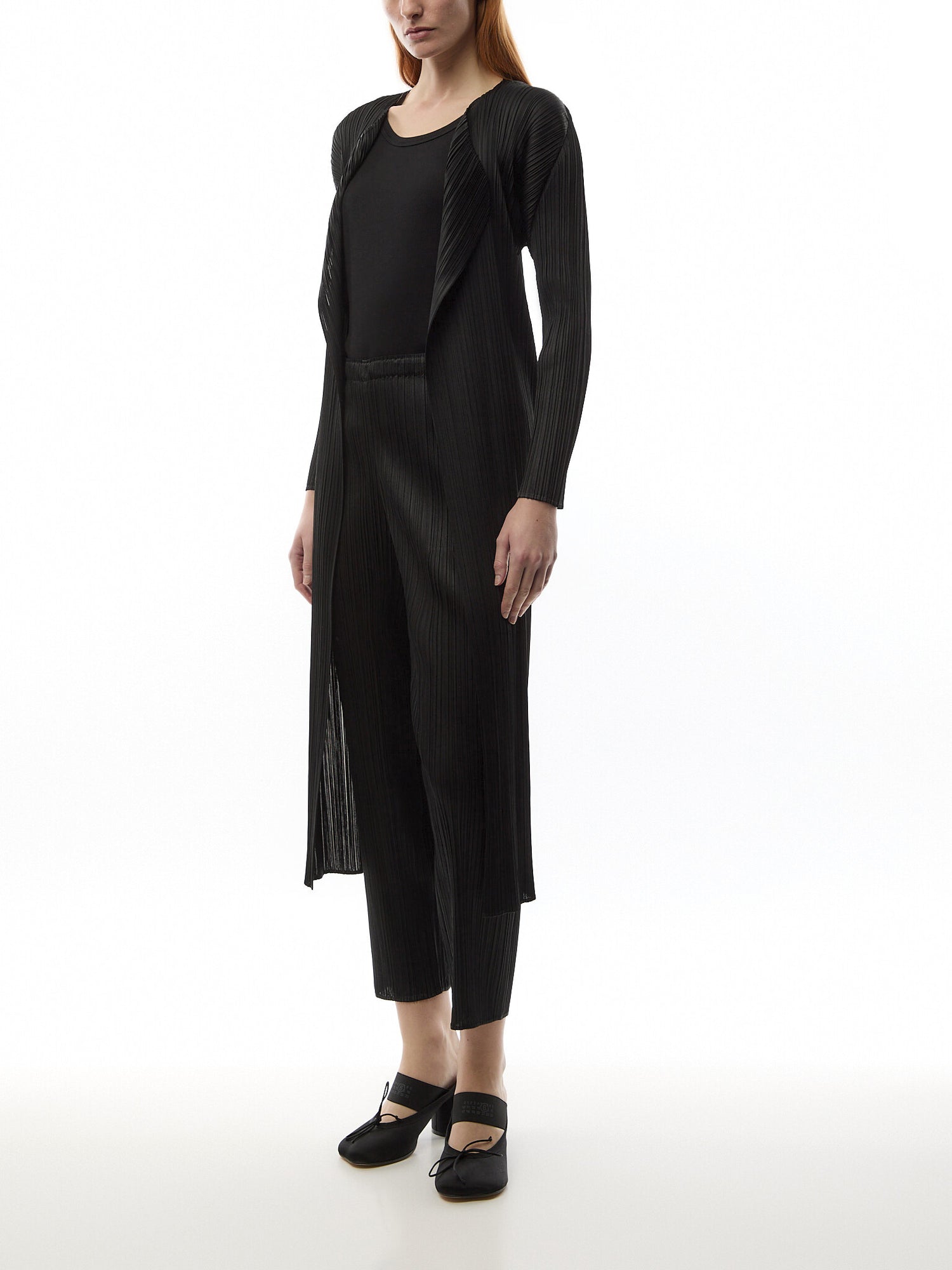 Pleats Basic Long Sleeve Blackcardigan Coat