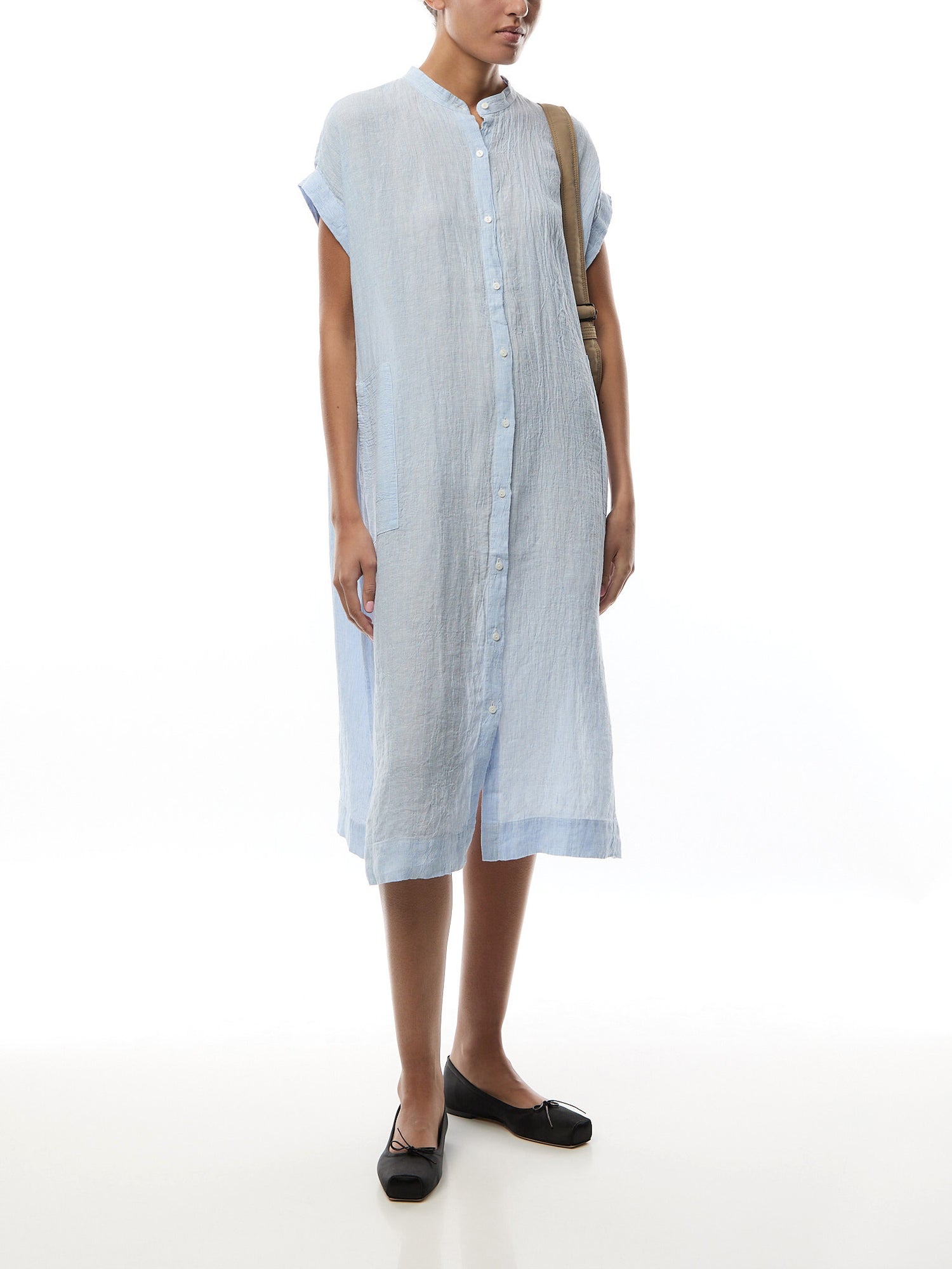 Mandarin Collar Shirt Dress Puckered Linen