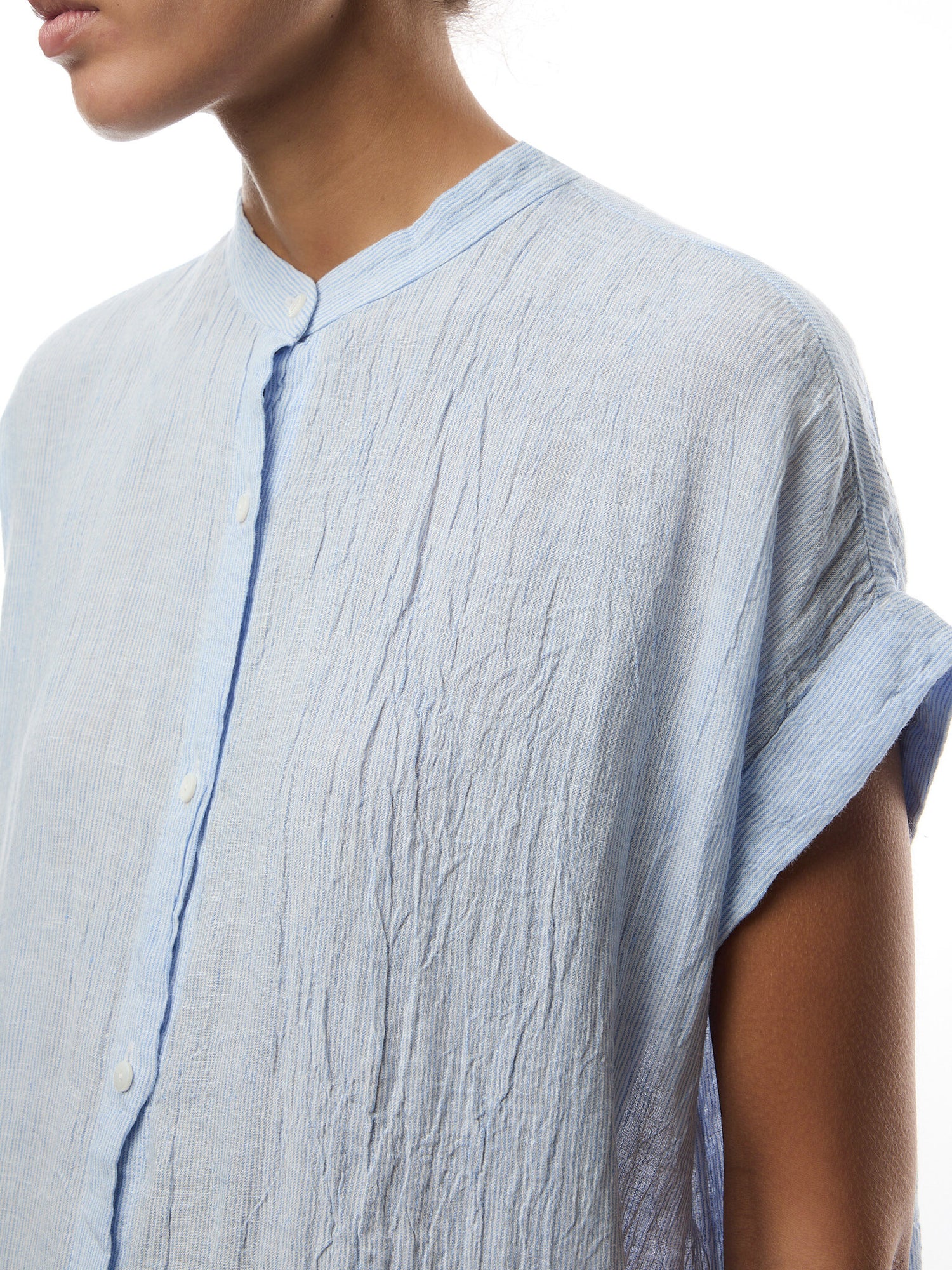 Mandarin Collar Shirt Dress Puckered Linen