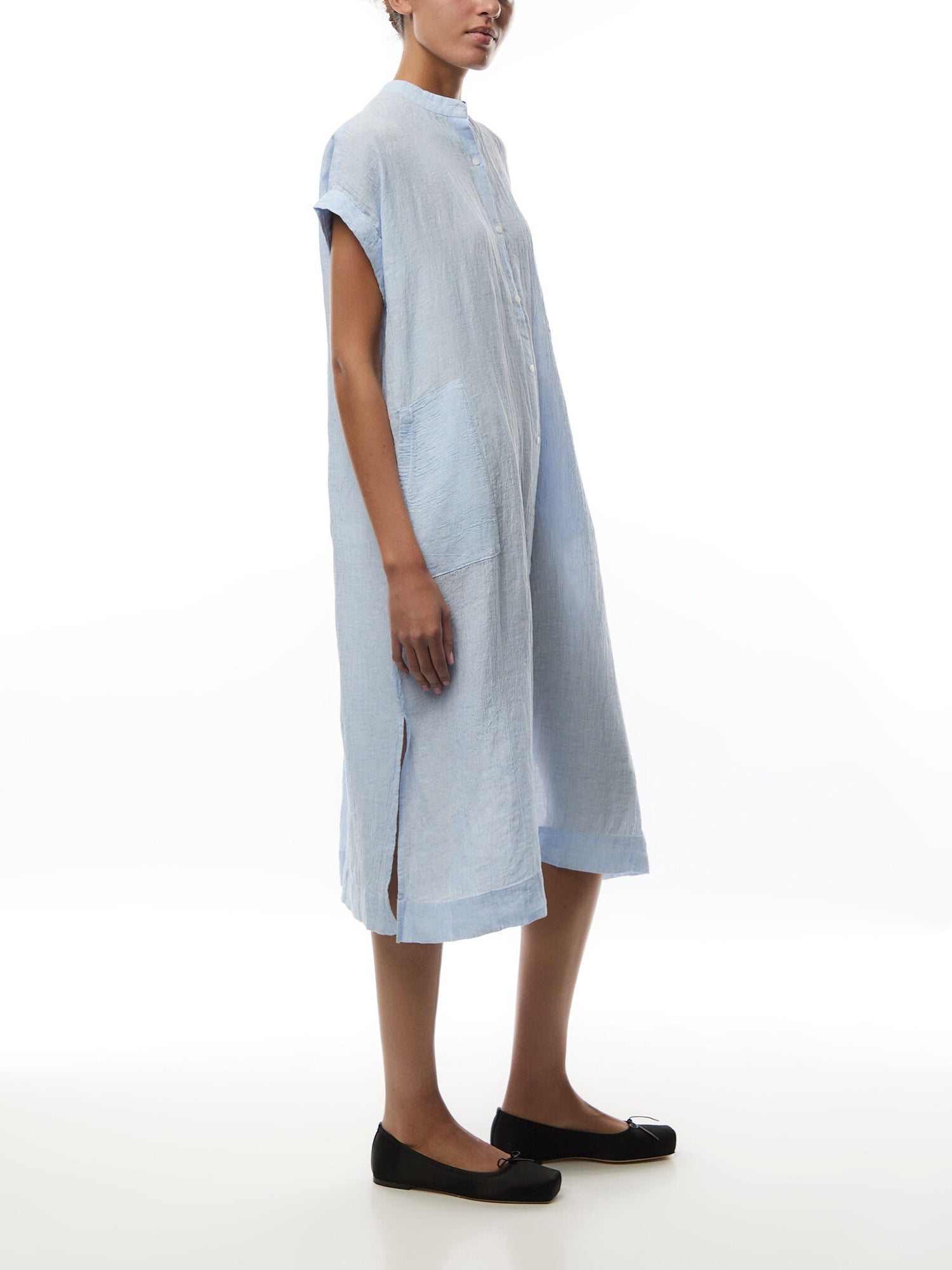 Mandarin Collar Shirt Dress Puckered Linen