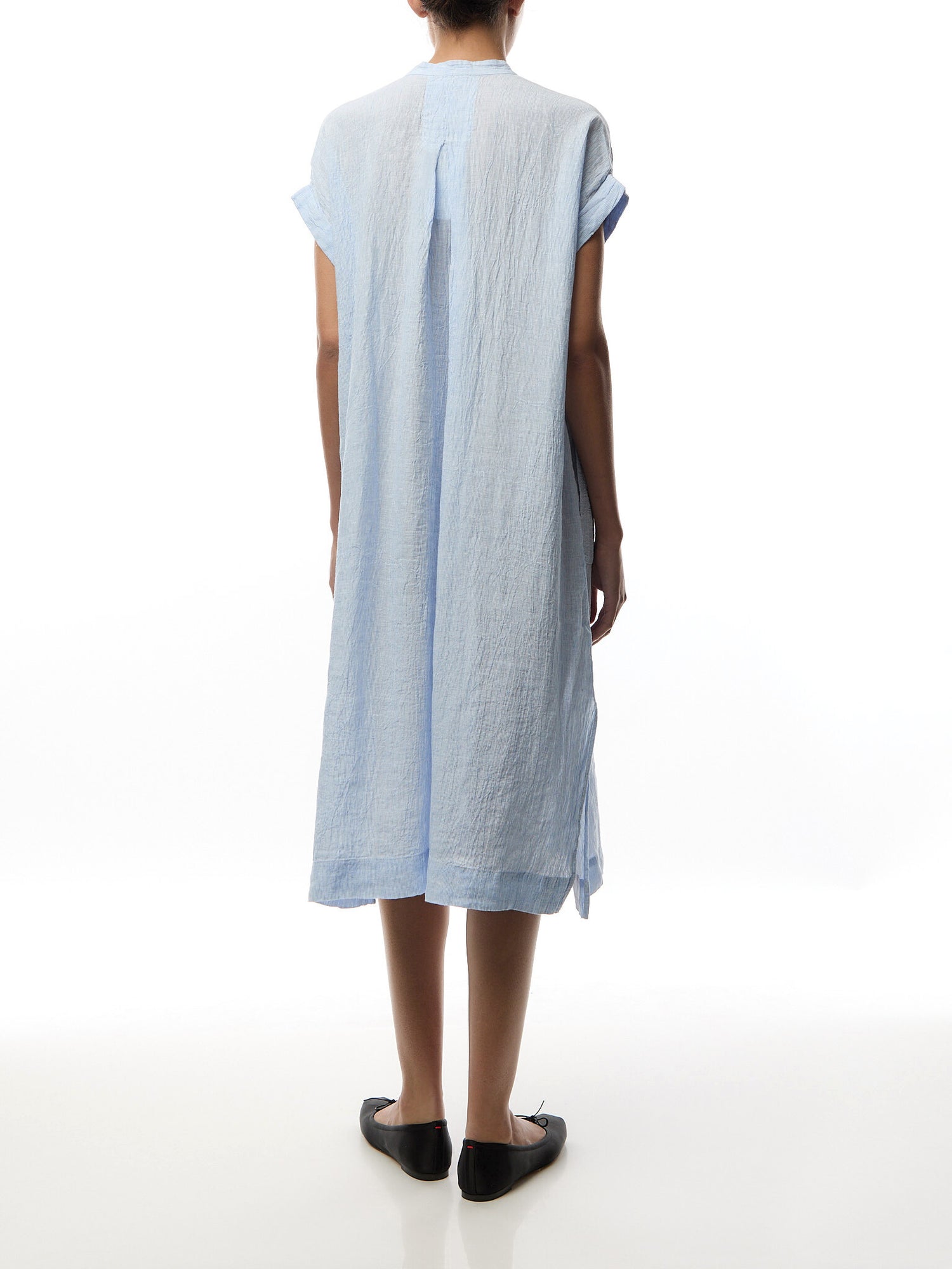 Mandarin Collar Shirt Dress Puckered Linen