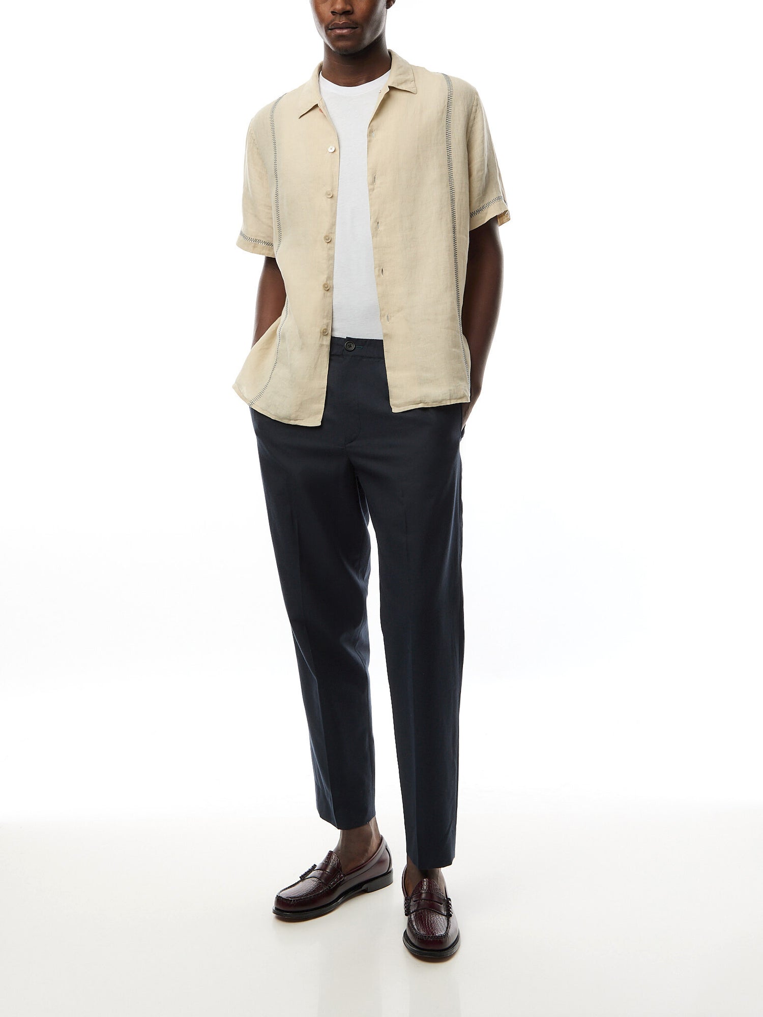 Linen Open Collar S/S Imbroided Shirt