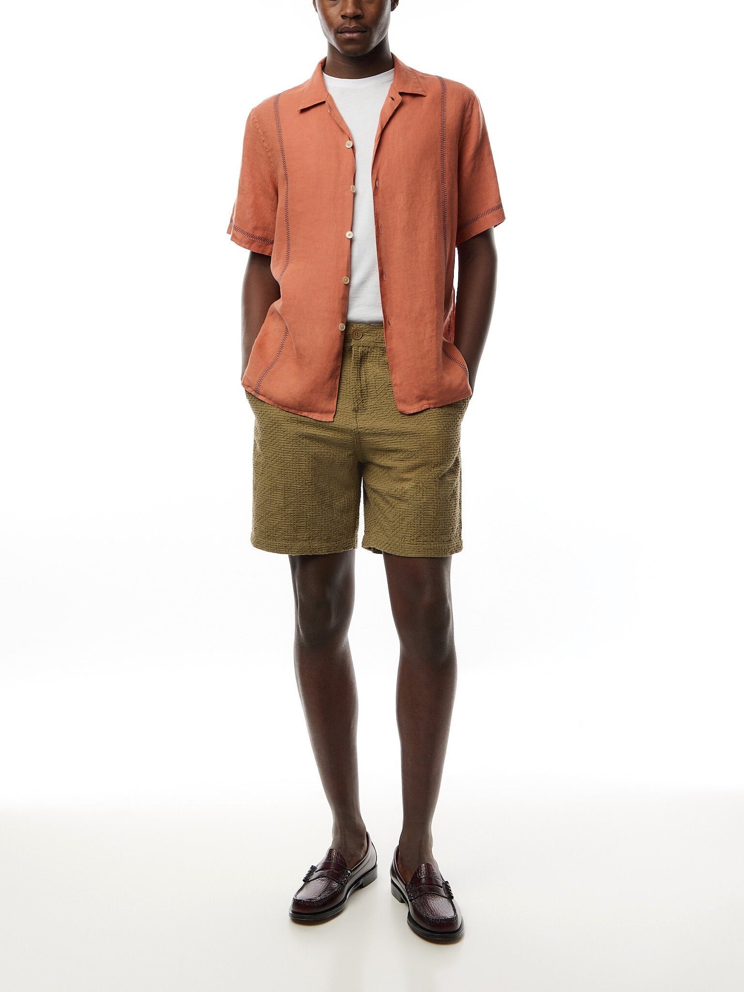 Linen Open Collar S/S Imbroided Shirt