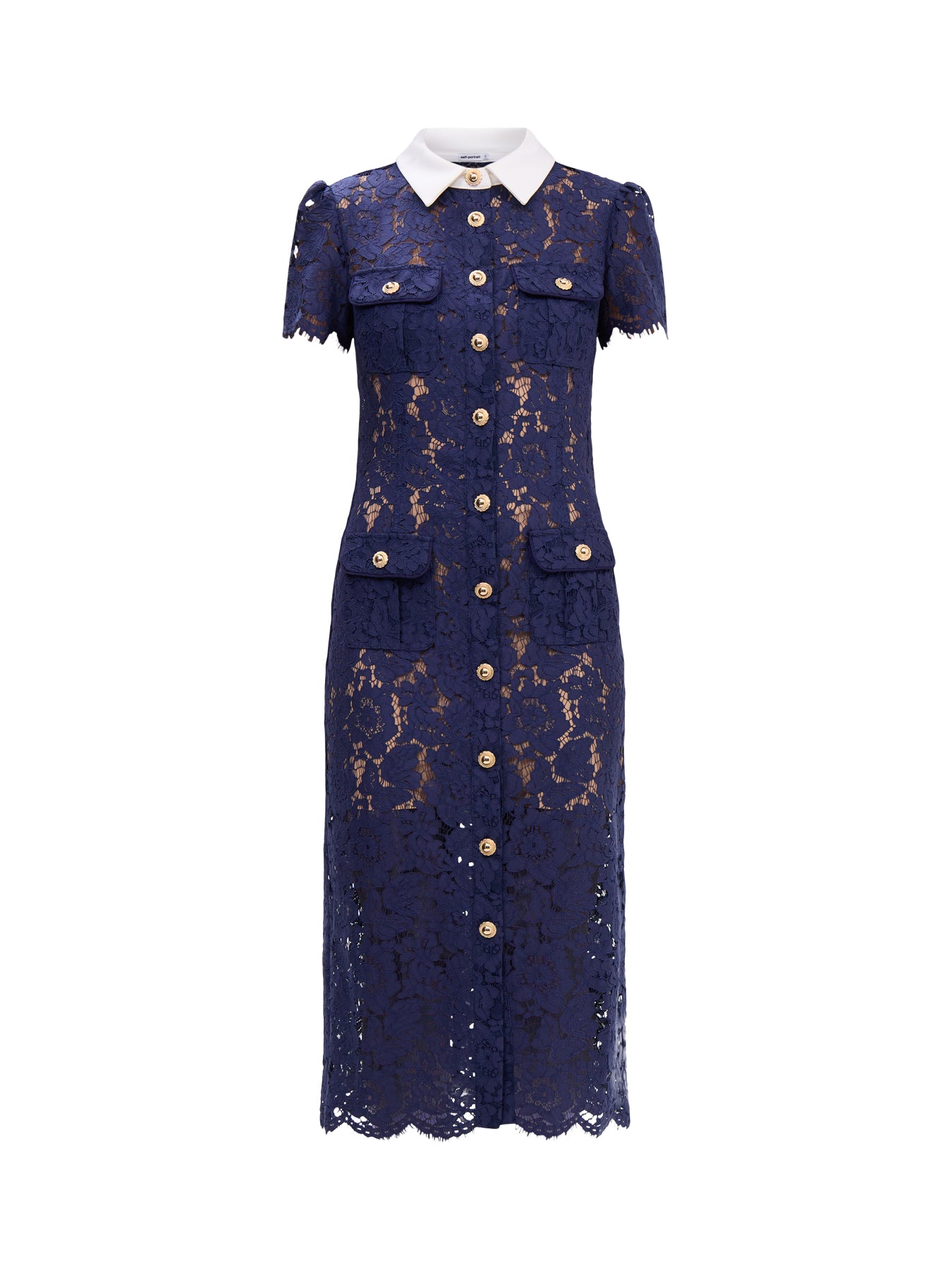 Navy Lace Midi Dress with Contrast Collar Fenwick