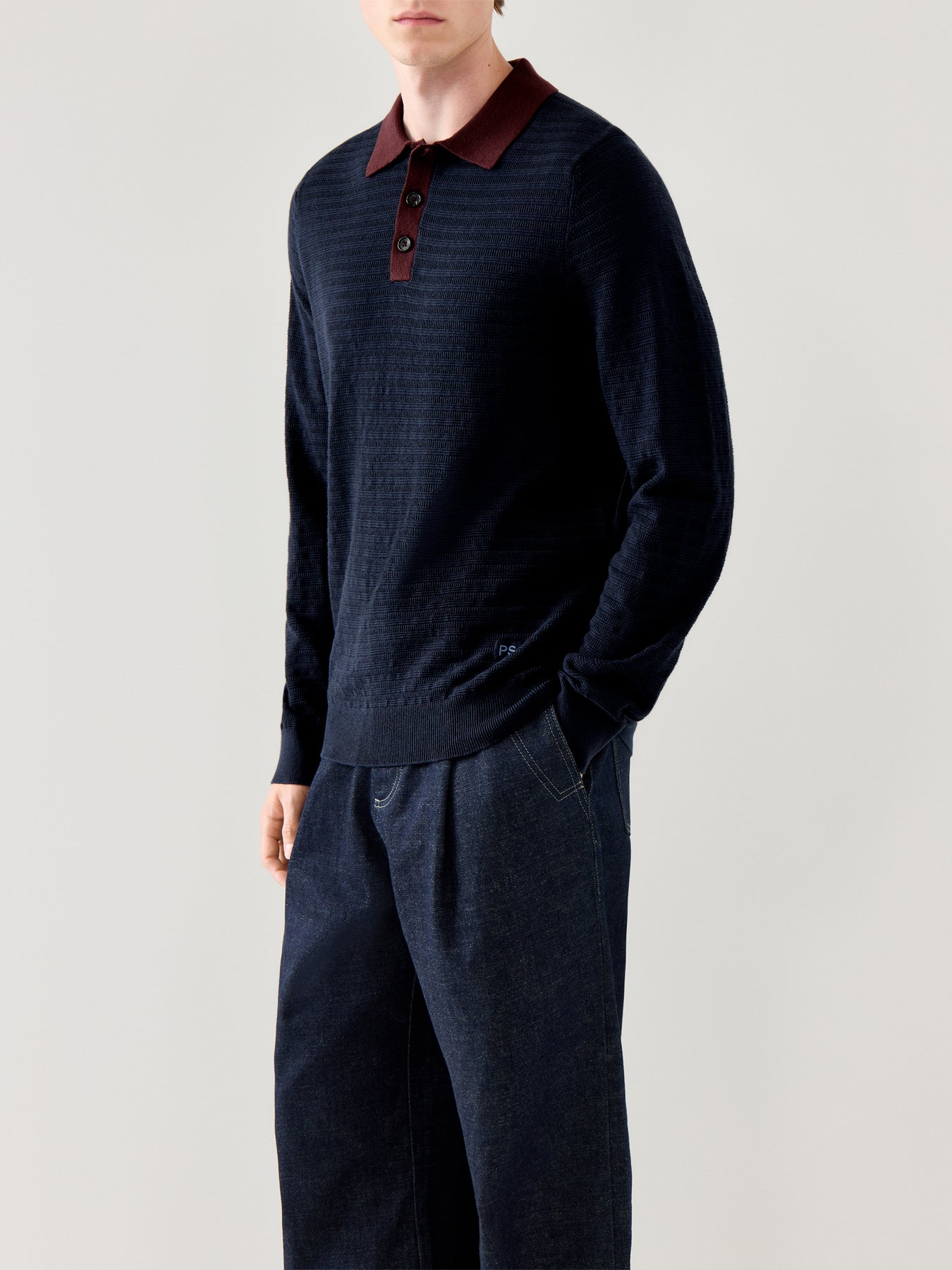 Long Sleeves Cotton Textured Polo Navy