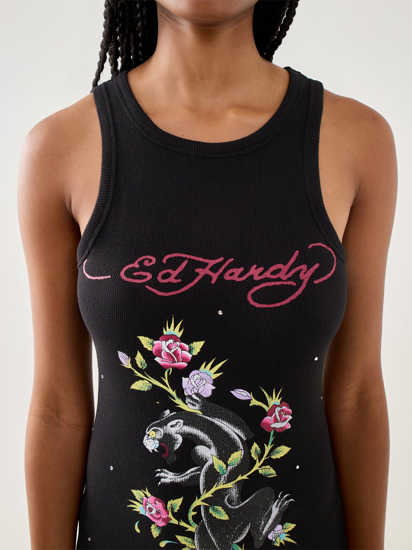 Womens Panther And Flowers Diamante Tank Dress
