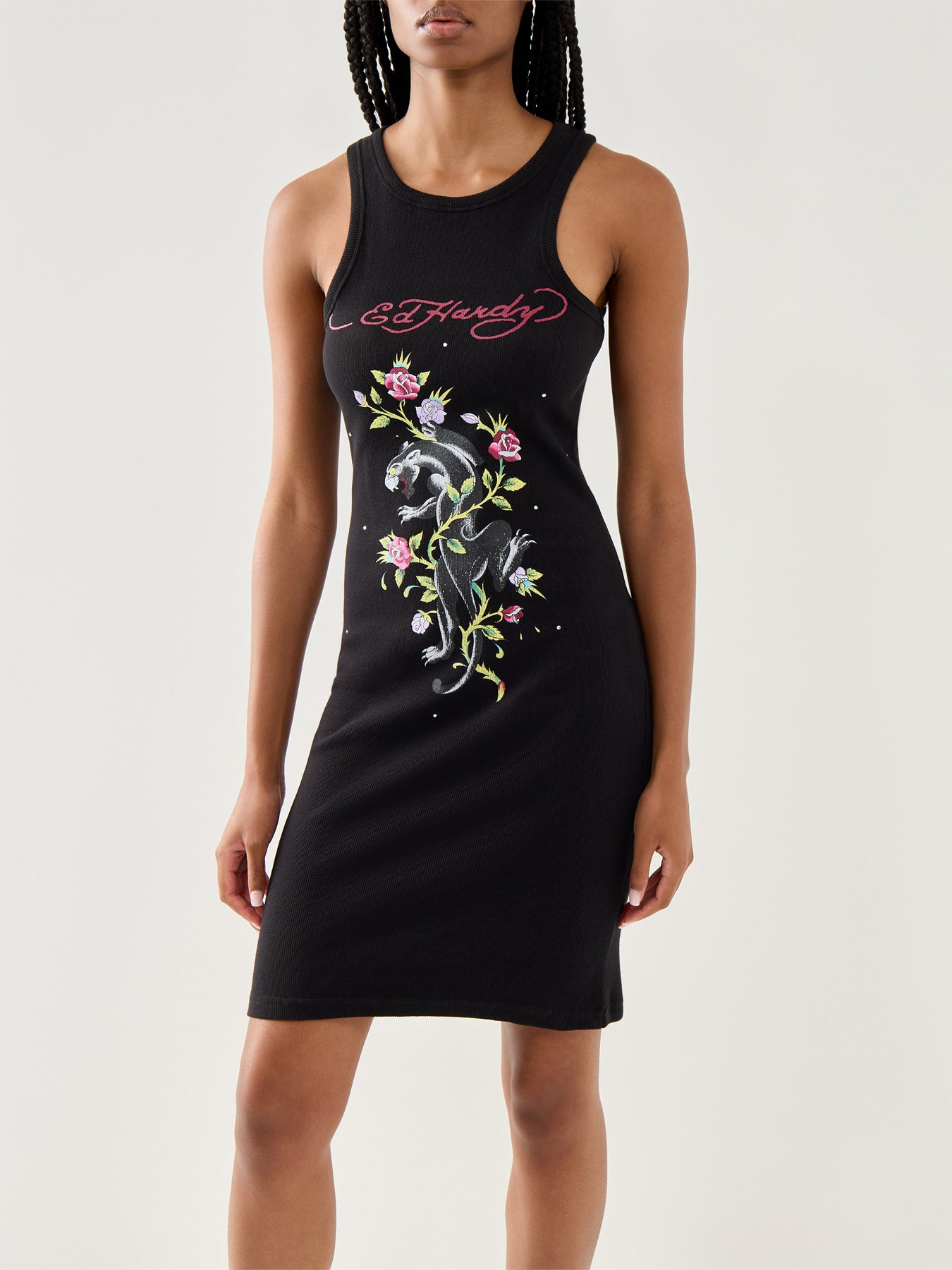 Womens Panther And Flowers Diamante Tank Dress