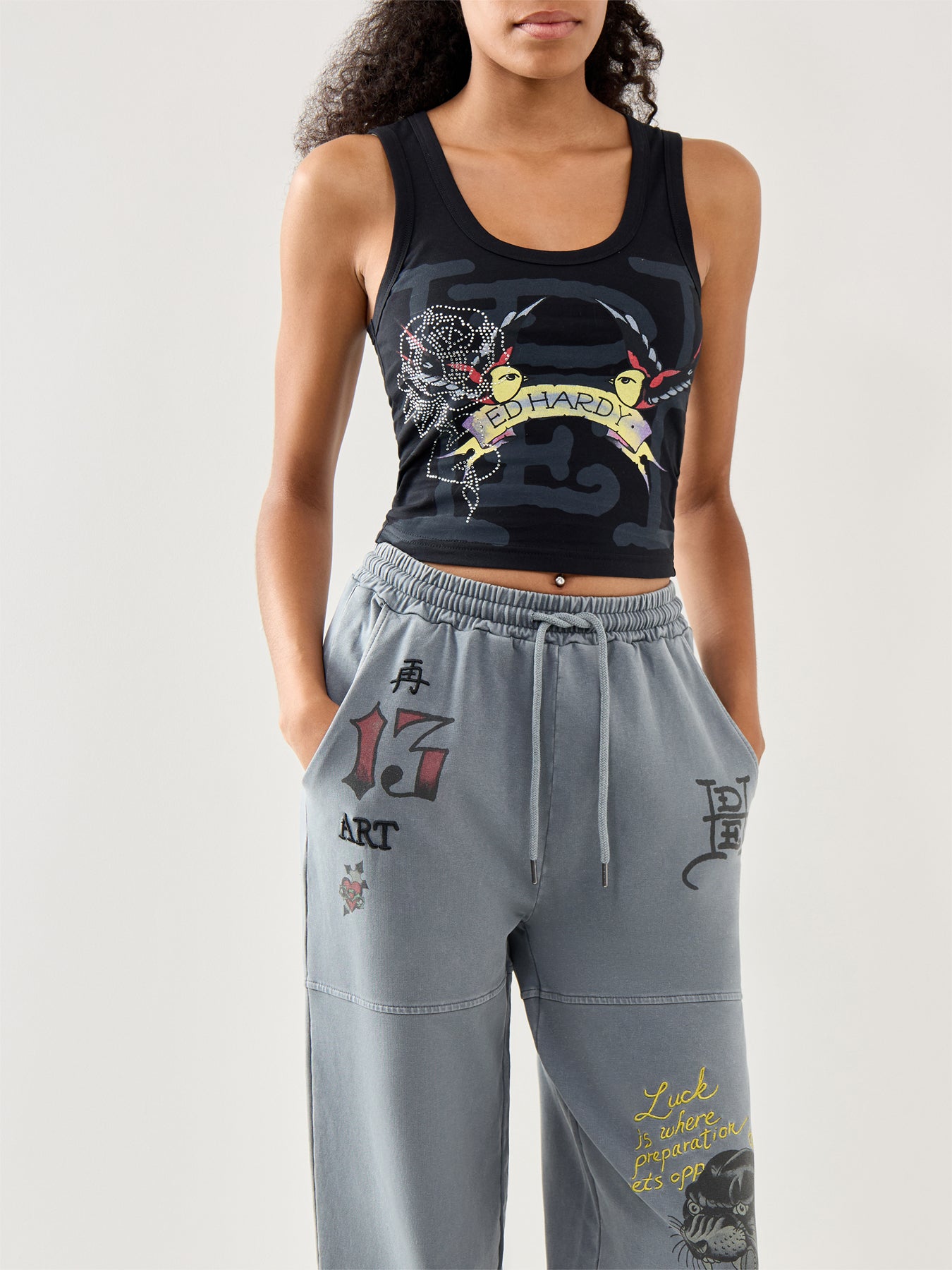 Swallows Scroll Diamante Vest Top Black
