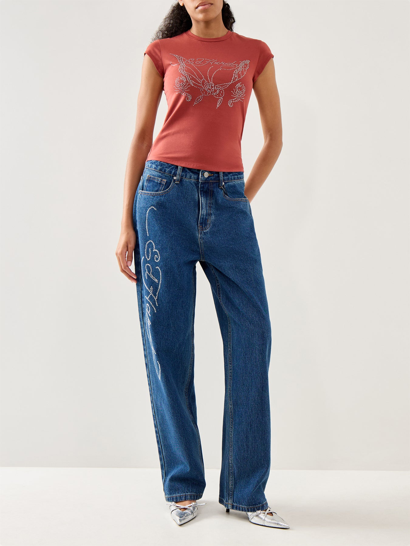Butterfly Diamante Cap Sleeve T-Shirt Top Red