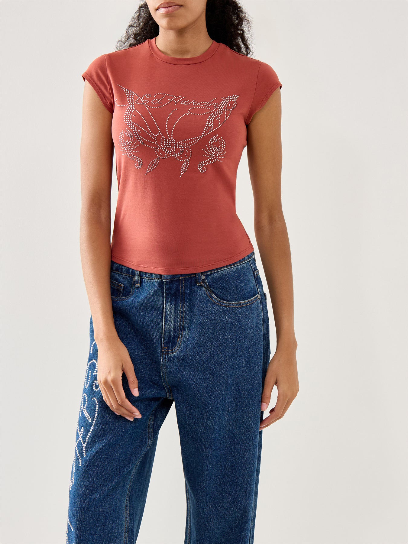 Butterfly Diamante Cap Sleeve T-Shirt Top Red