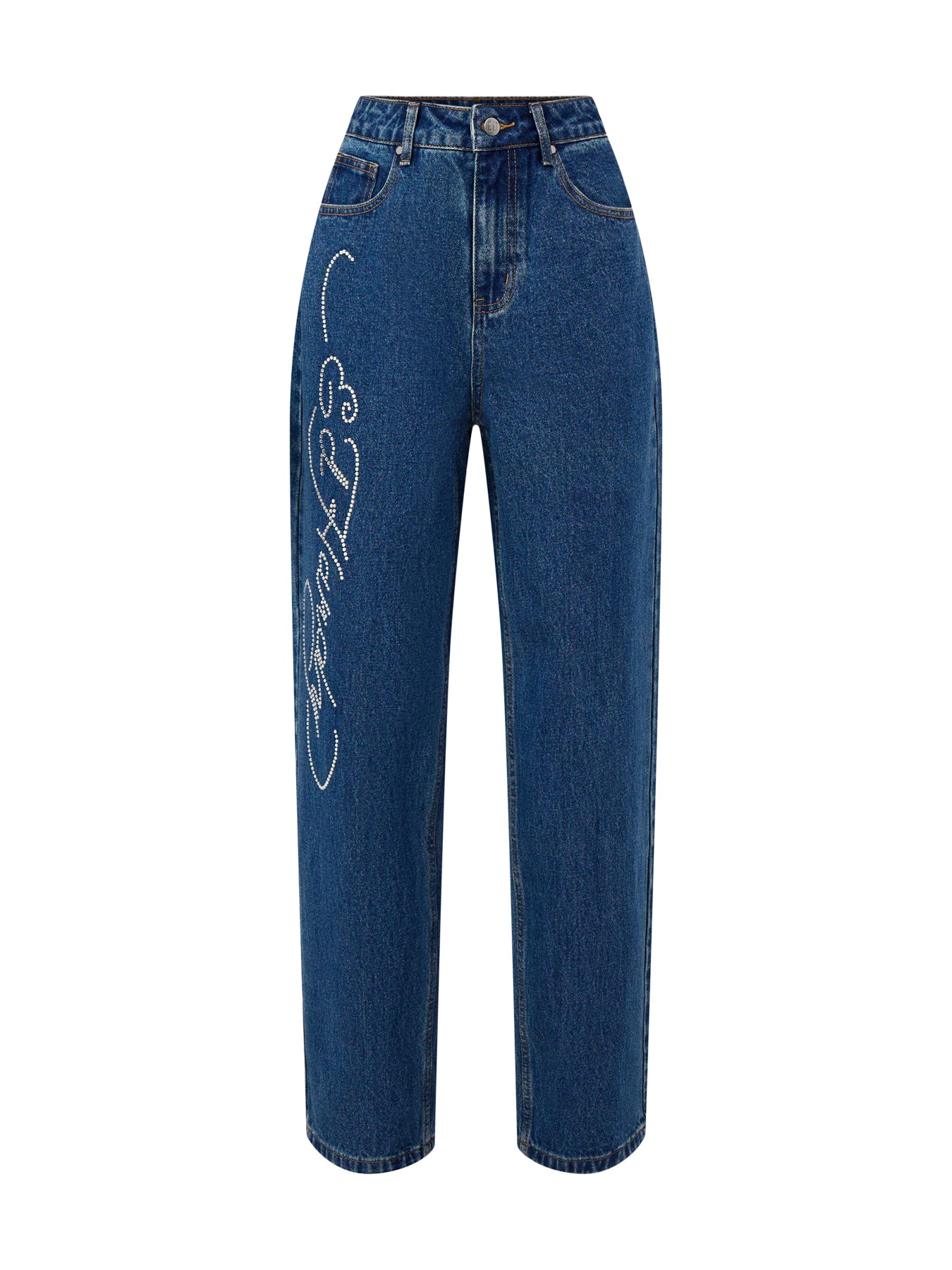Crystal Roar Diamante Relaxed Denim Trousers Jeans Indigo