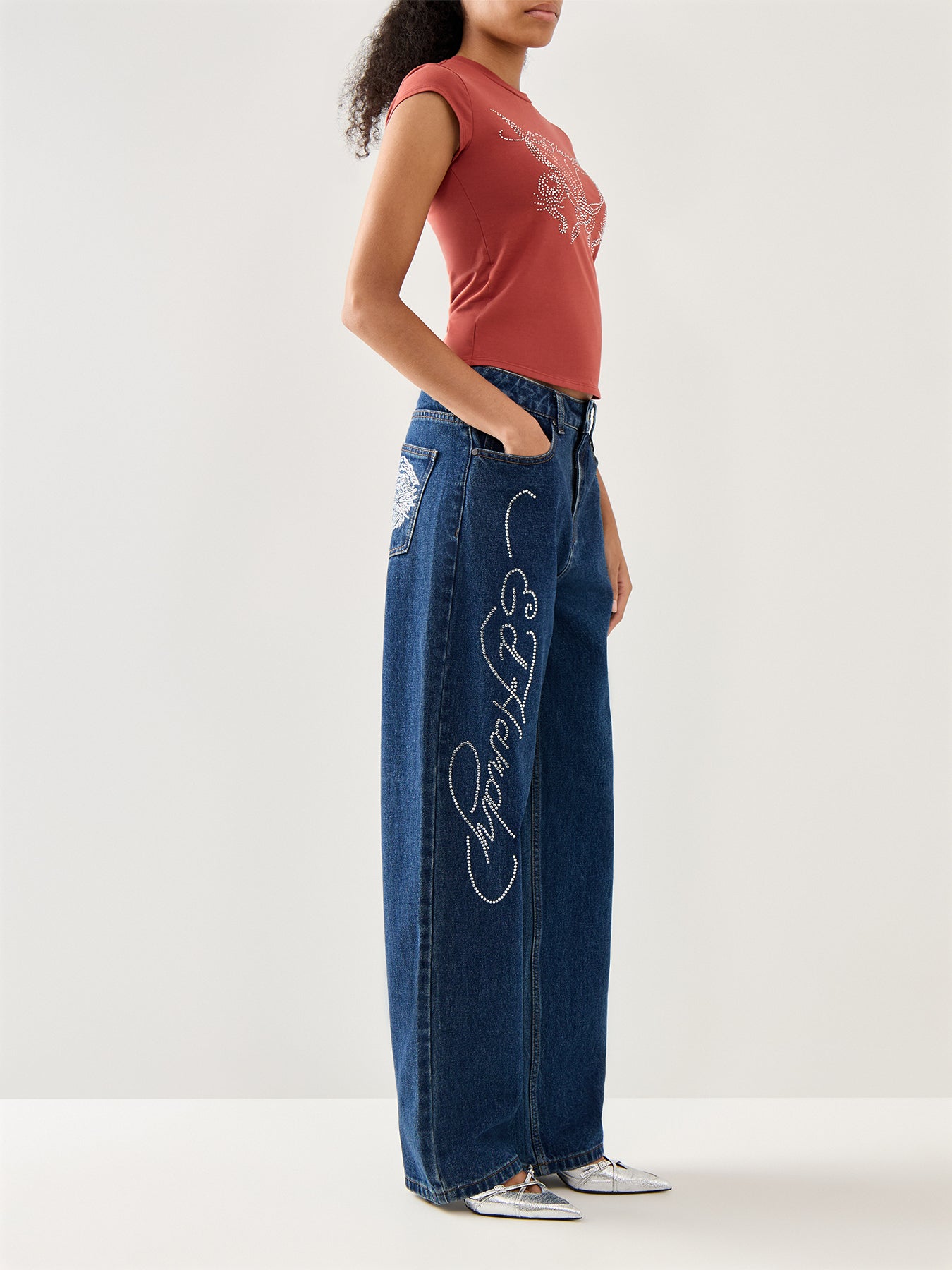 Crystal Roar Diamante Relaxed Denim Trousers Jeans Indigo