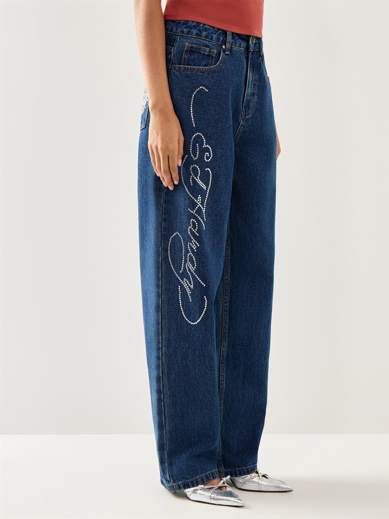 Crystal Roar Diamante Relaxed Denim Trousers Jeans Indigo