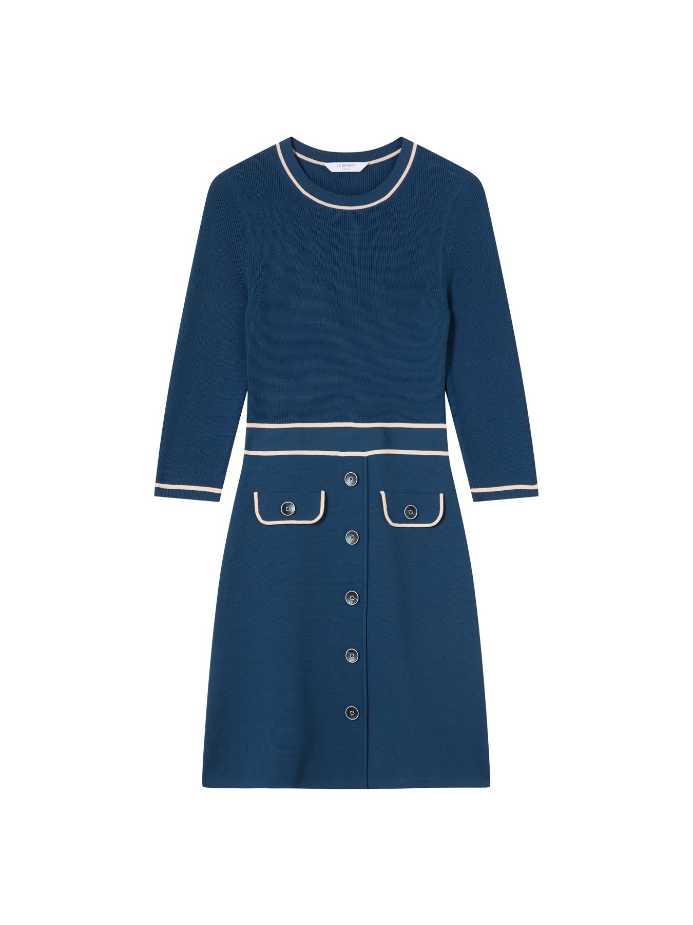 Ciara Blue & Navy Viscose Blend Button Through Knit Dress