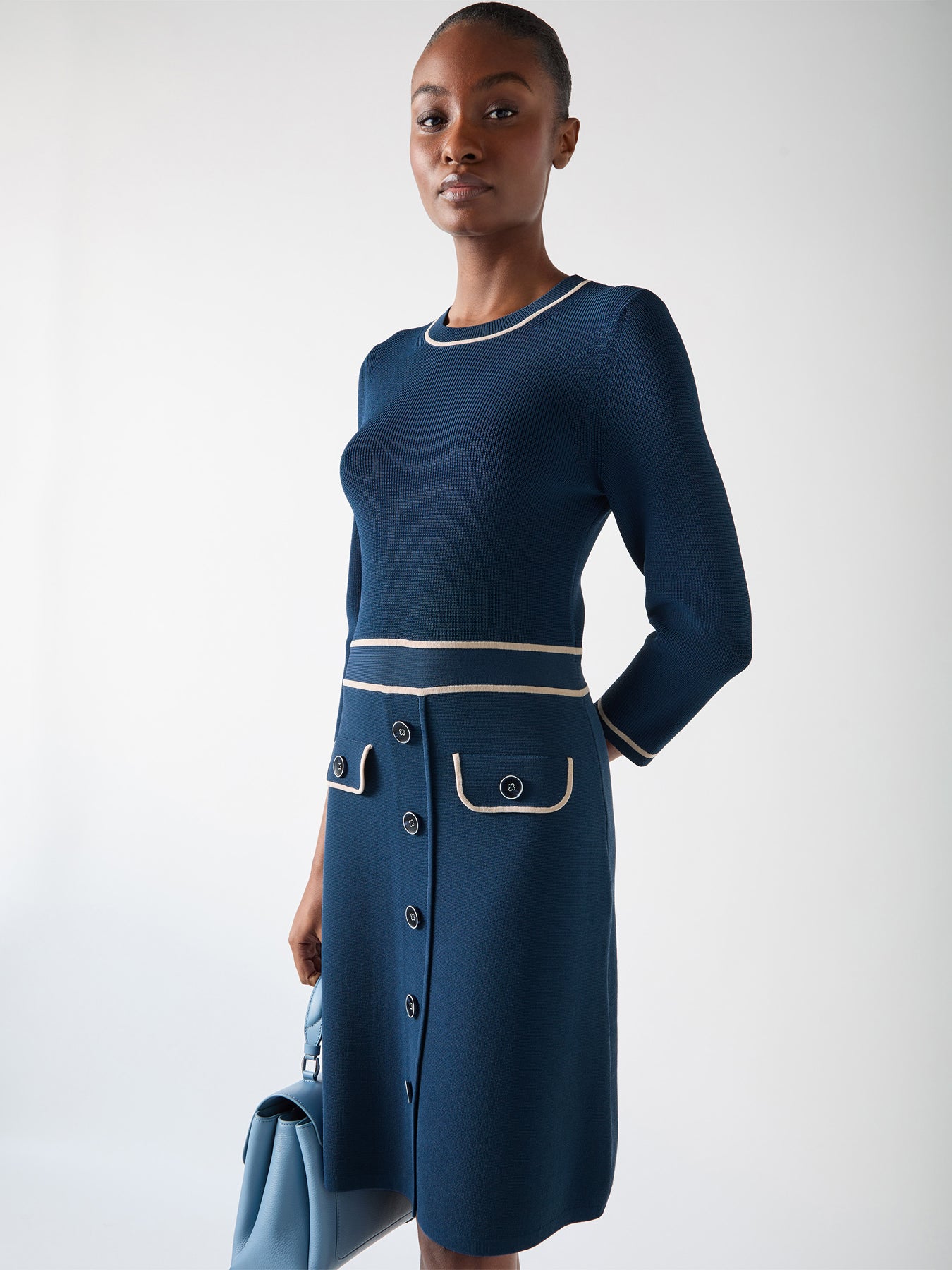 Ciara Blue & Navy Viscose Blend Button Through Knit Dress