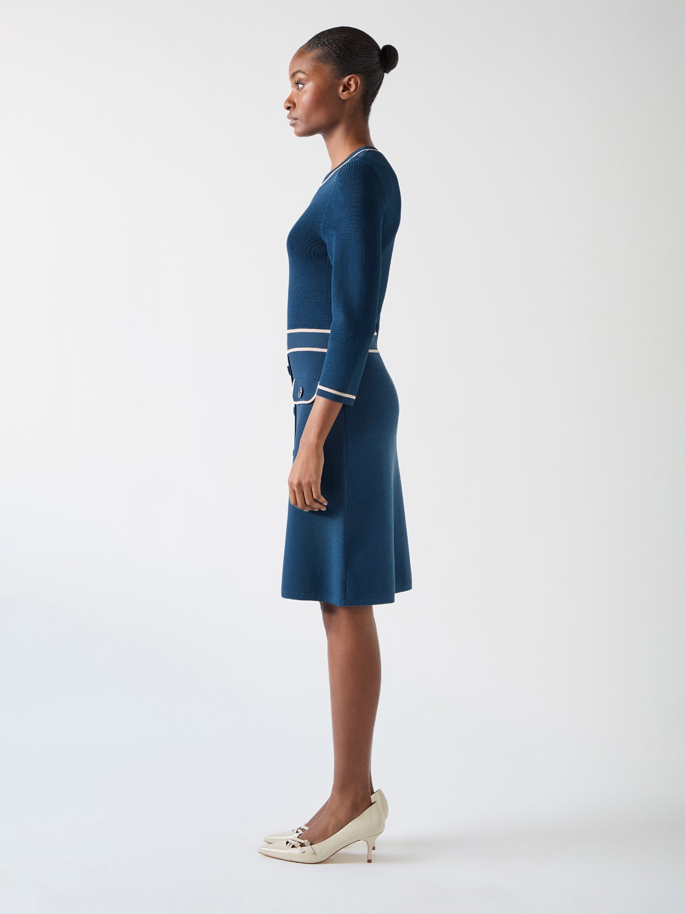 Ciara Blue & Navy Viscose Blend Button Through Knit Dress