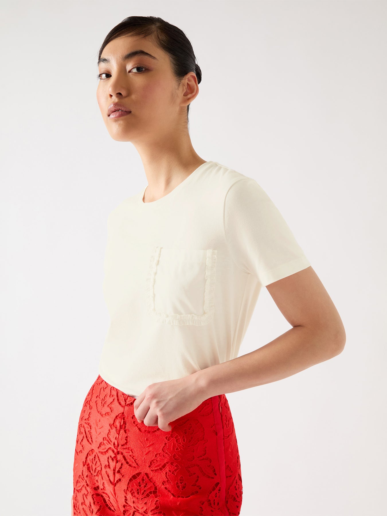 Cream Hally White Cotton Frill Detail T-Shirt