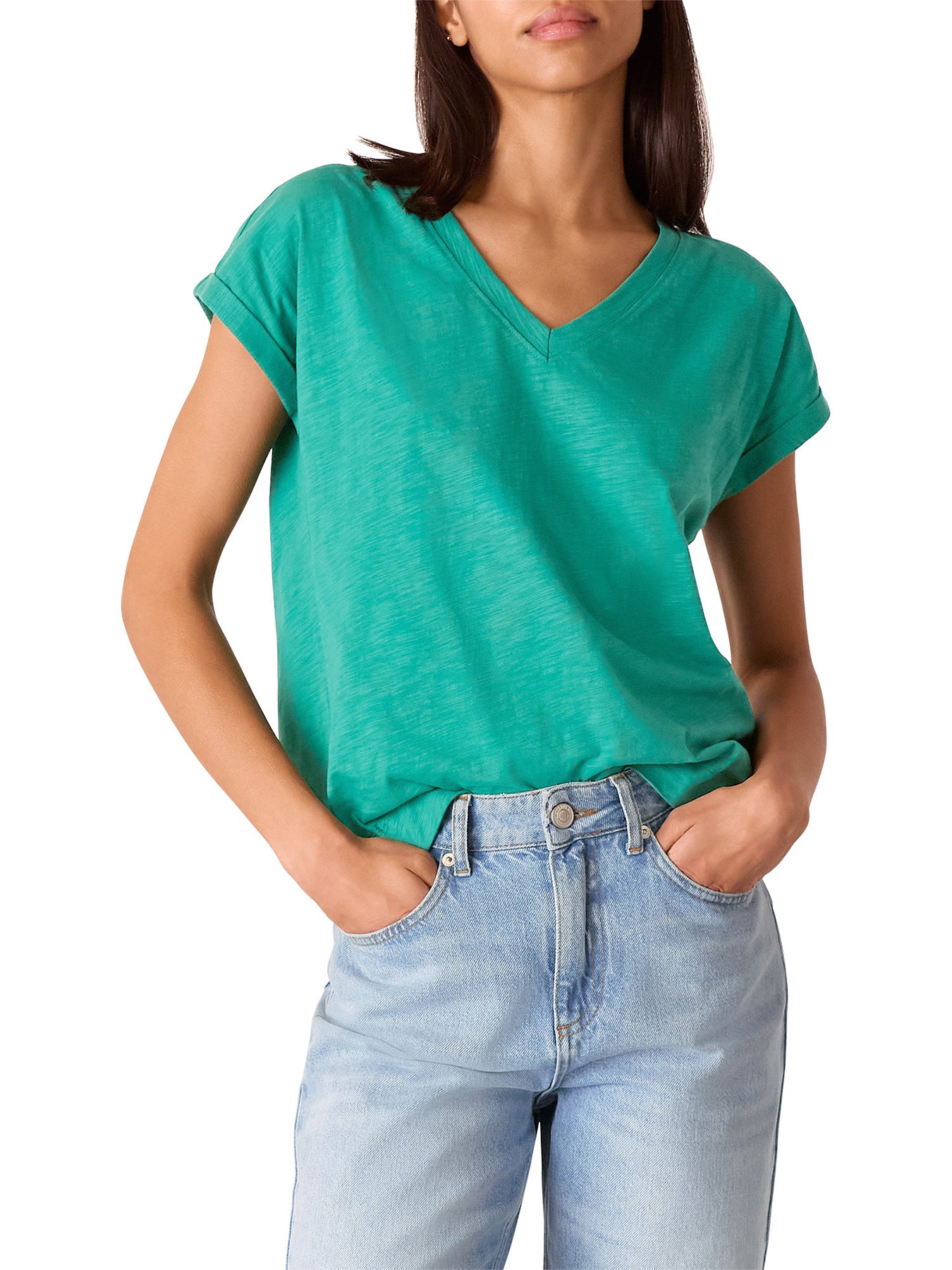 Green Willa V Neck Cap Sleeve Tee