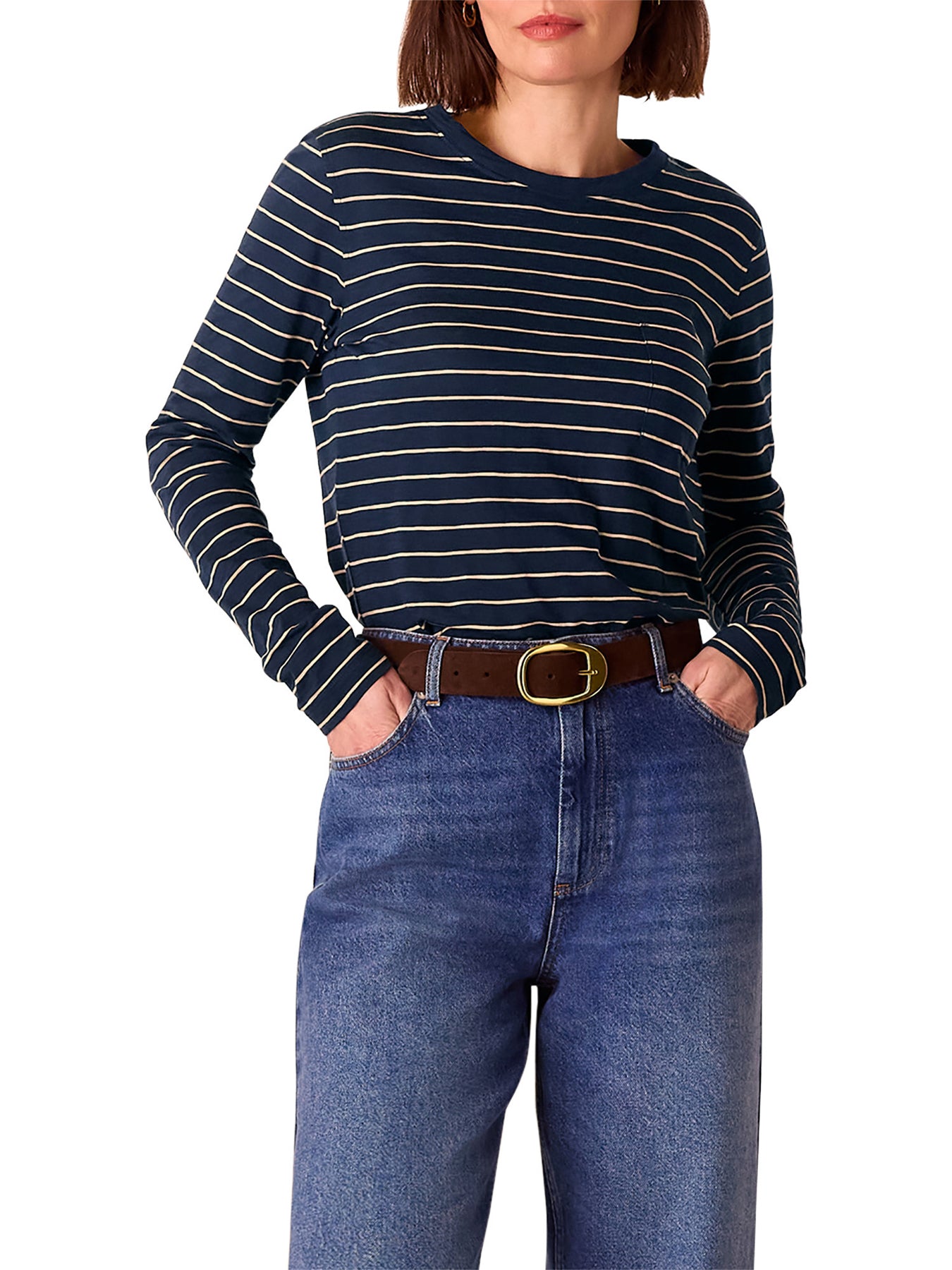 Navy/Multi Stripe Crew Neck Pocket Top