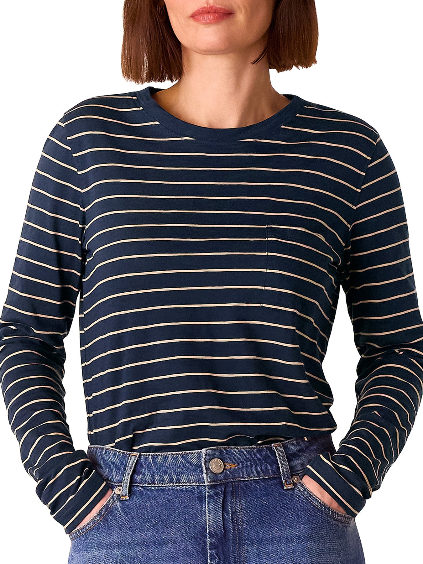Navy/Multi Stripe Crew Neck Pocket Top
