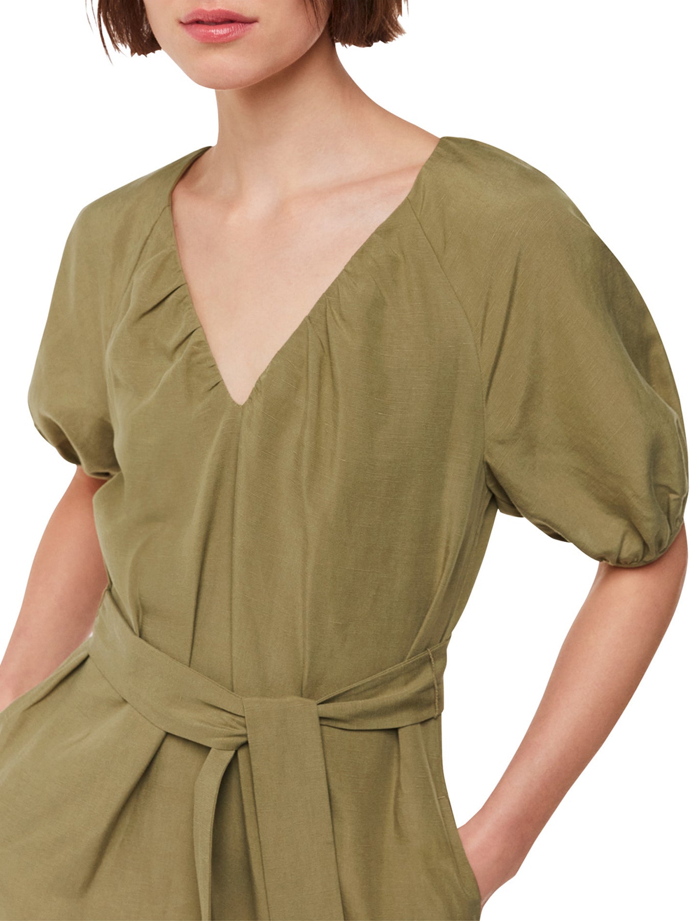 Khaki Ariella Linen Blend Midi Dress Khaki
