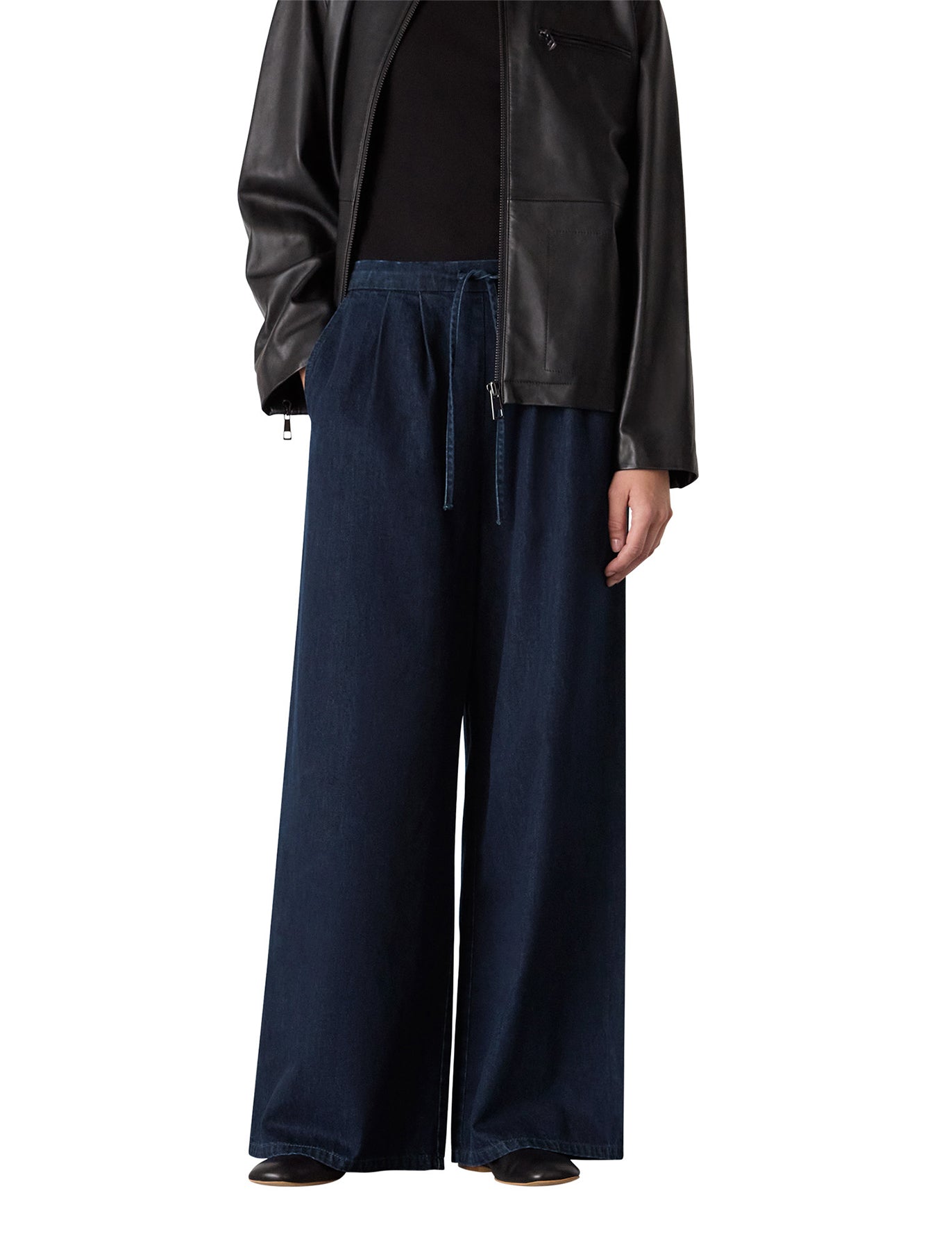 Cotton Wide Leg Pleat Trouser Blue