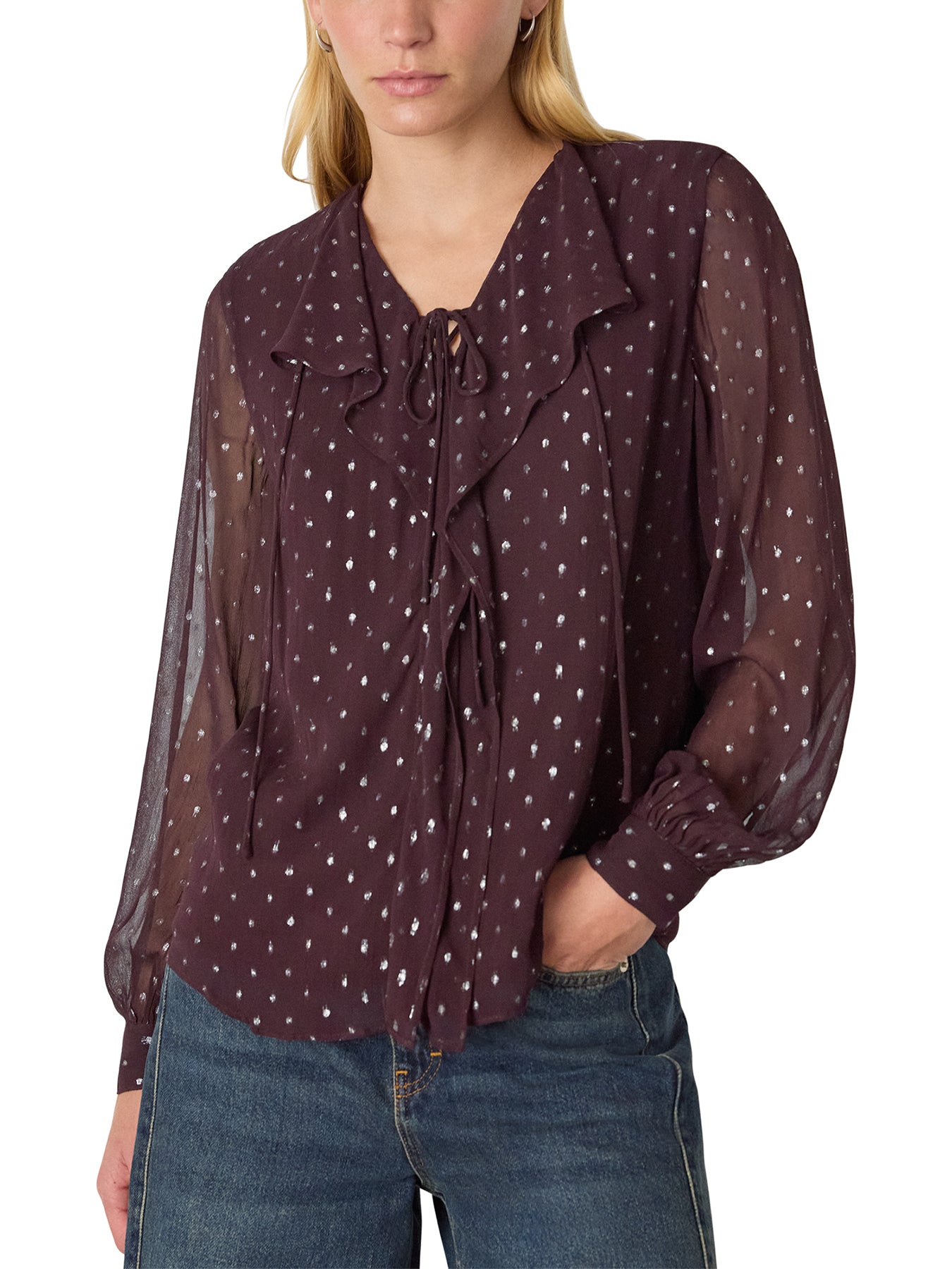 Metallic Dobby Frill Blouse Silver