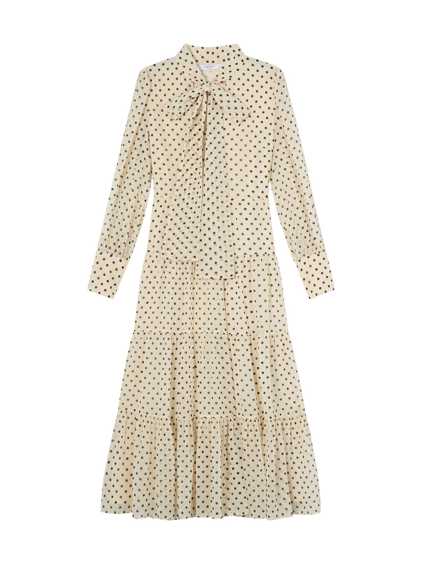 Cream Polly Birch & Black Tie Neck Ls Georgette Dress