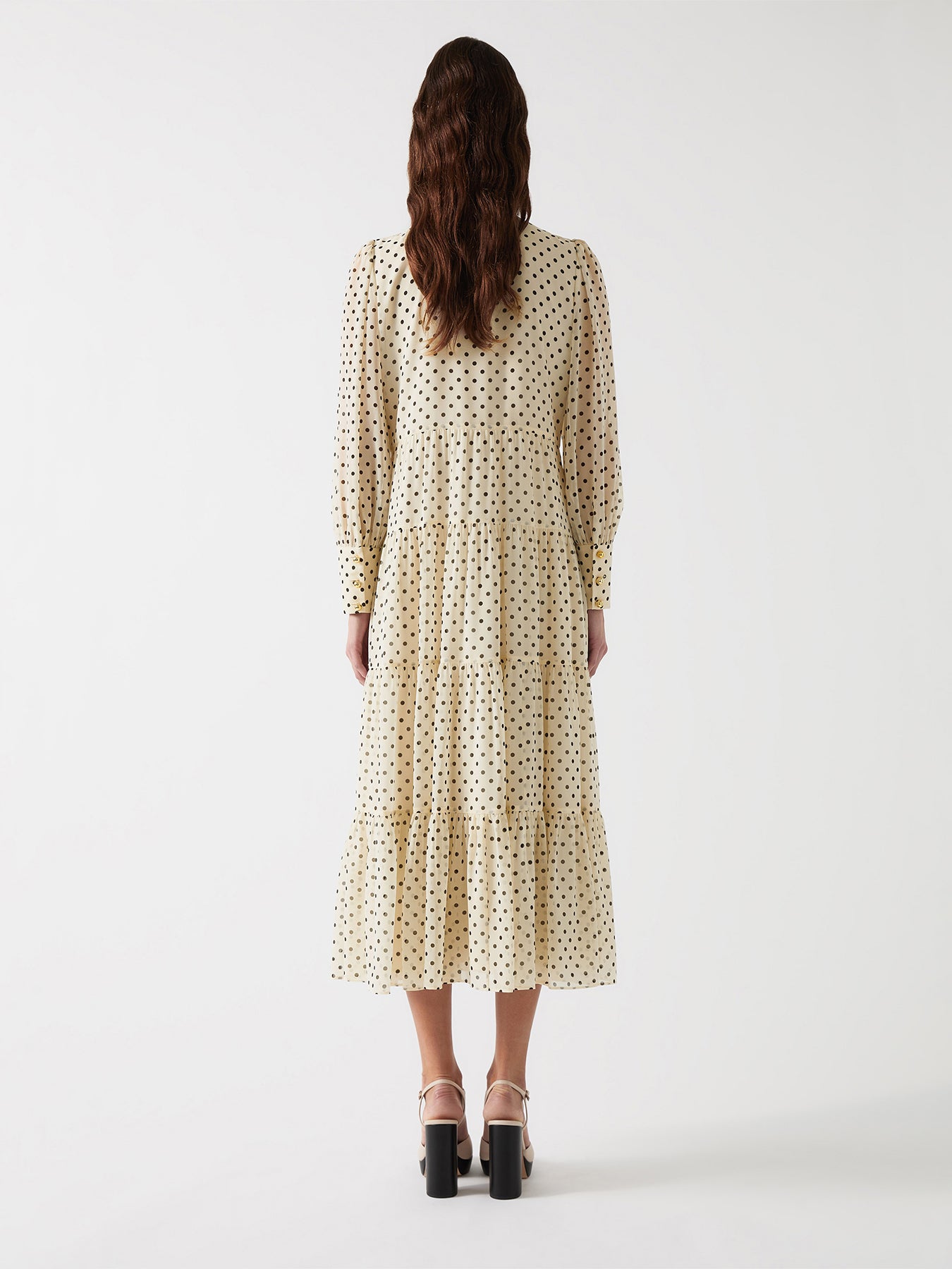 Cream Polly Birch & Black Tie Neck Ls Georgette Dress
