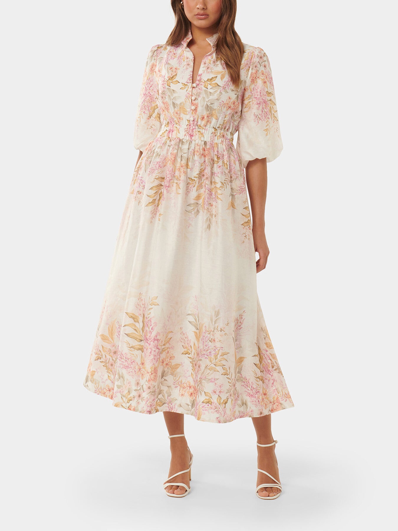 Ivy Printed Puff Sleeves Midi Dress
