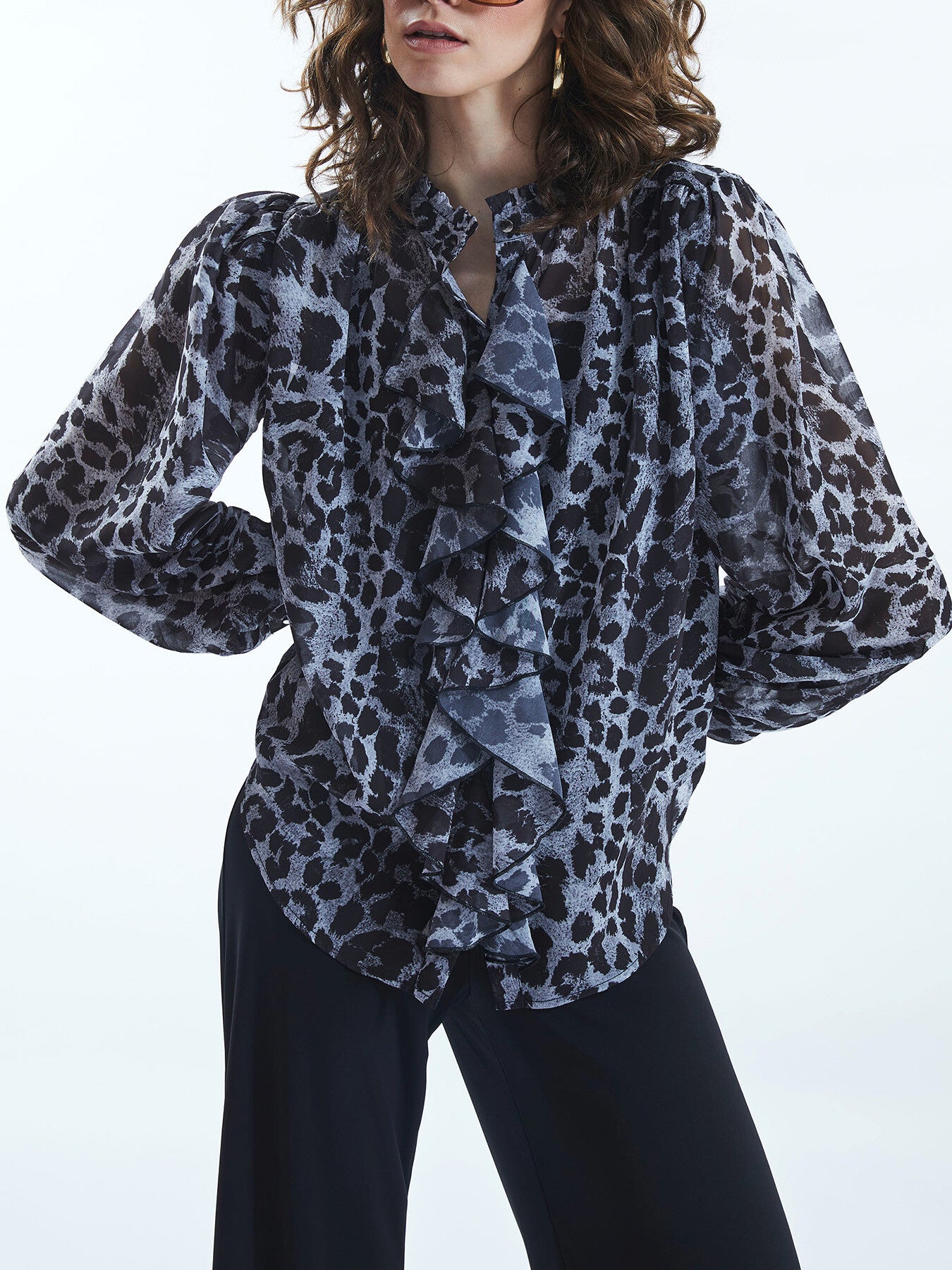 Leopard Print Front Ruffle Shirt