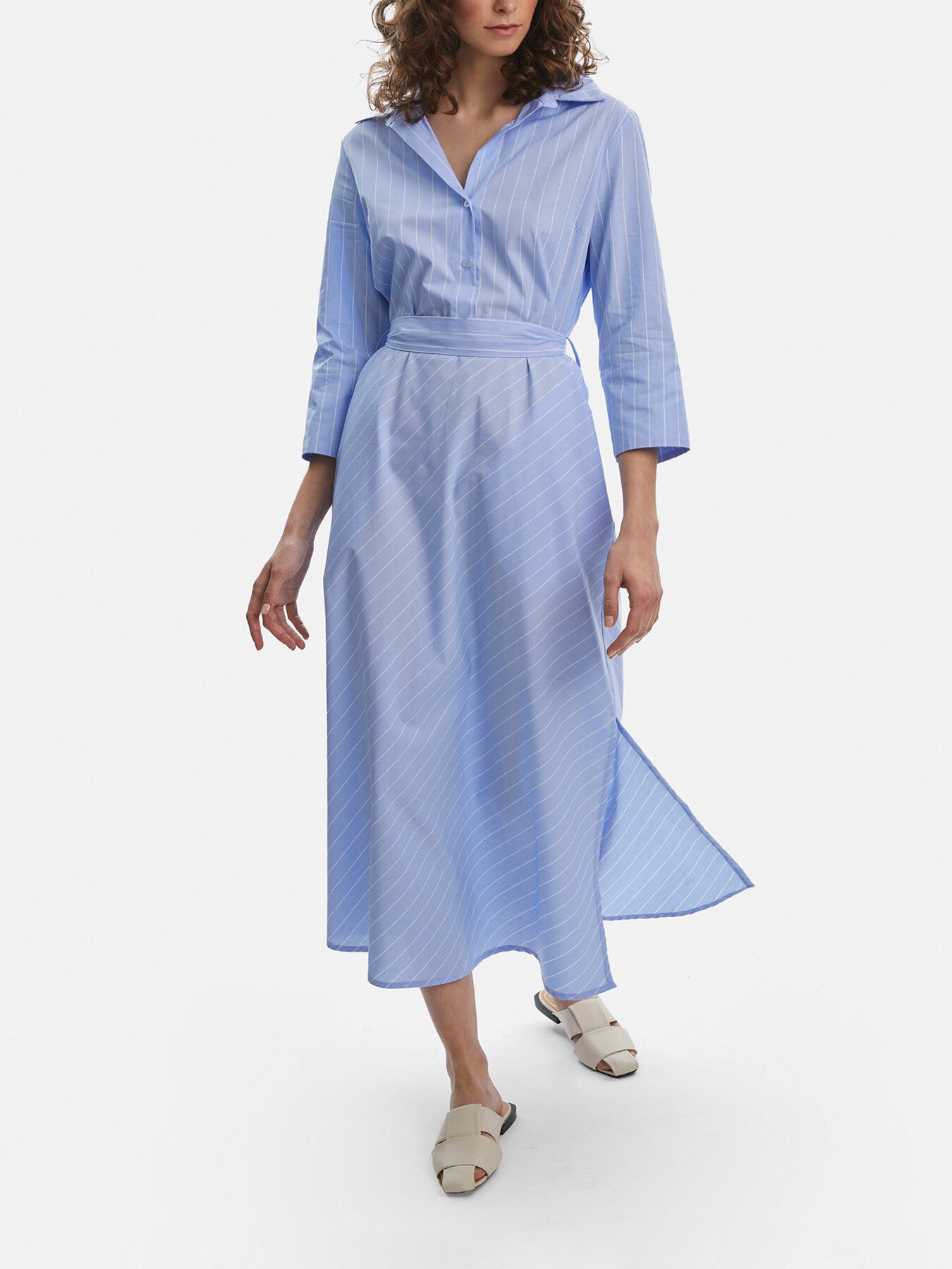 Stripped Shirt Belted Midi Dress