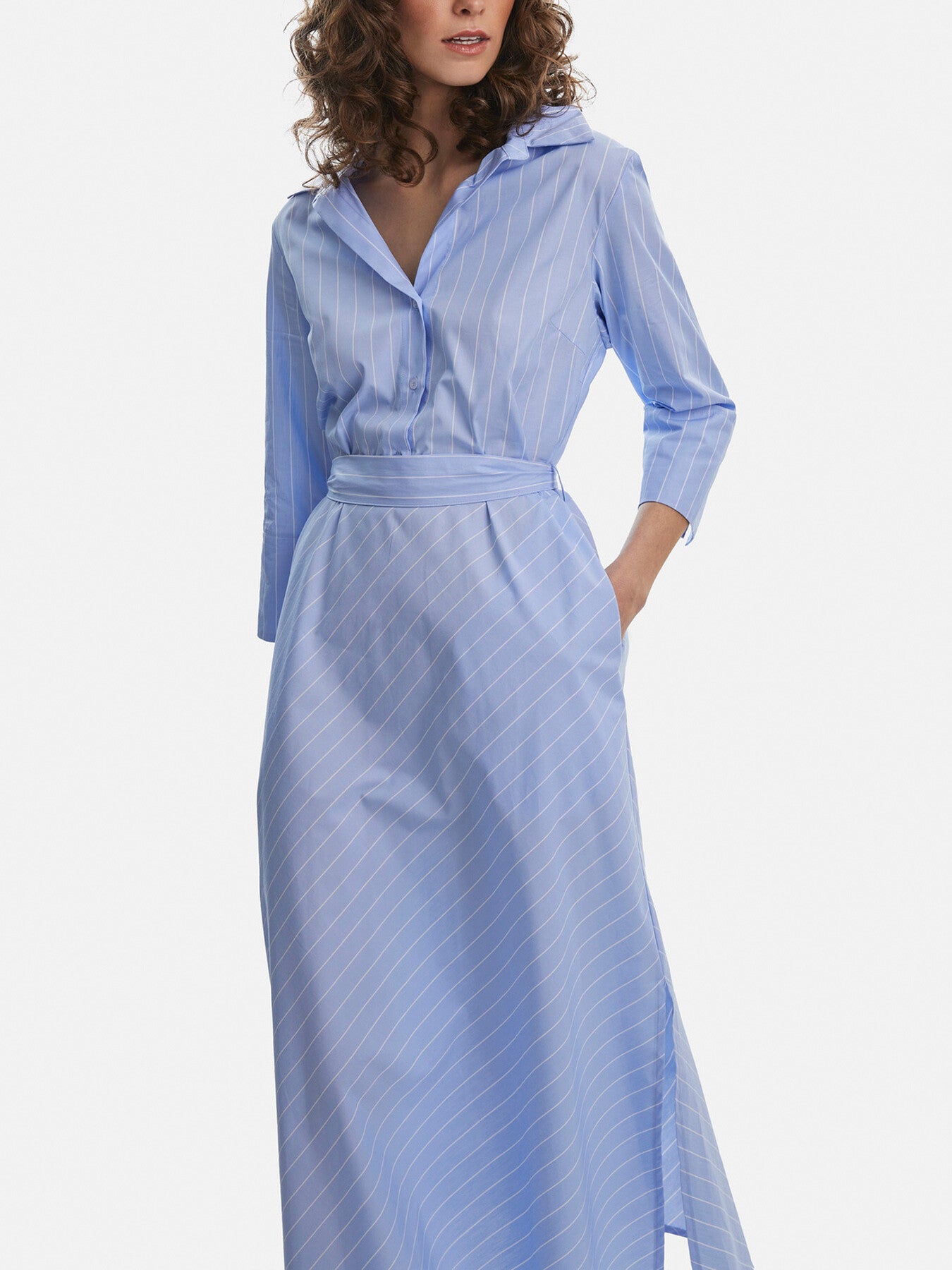 Stripped Shirt Belted Midi Dress