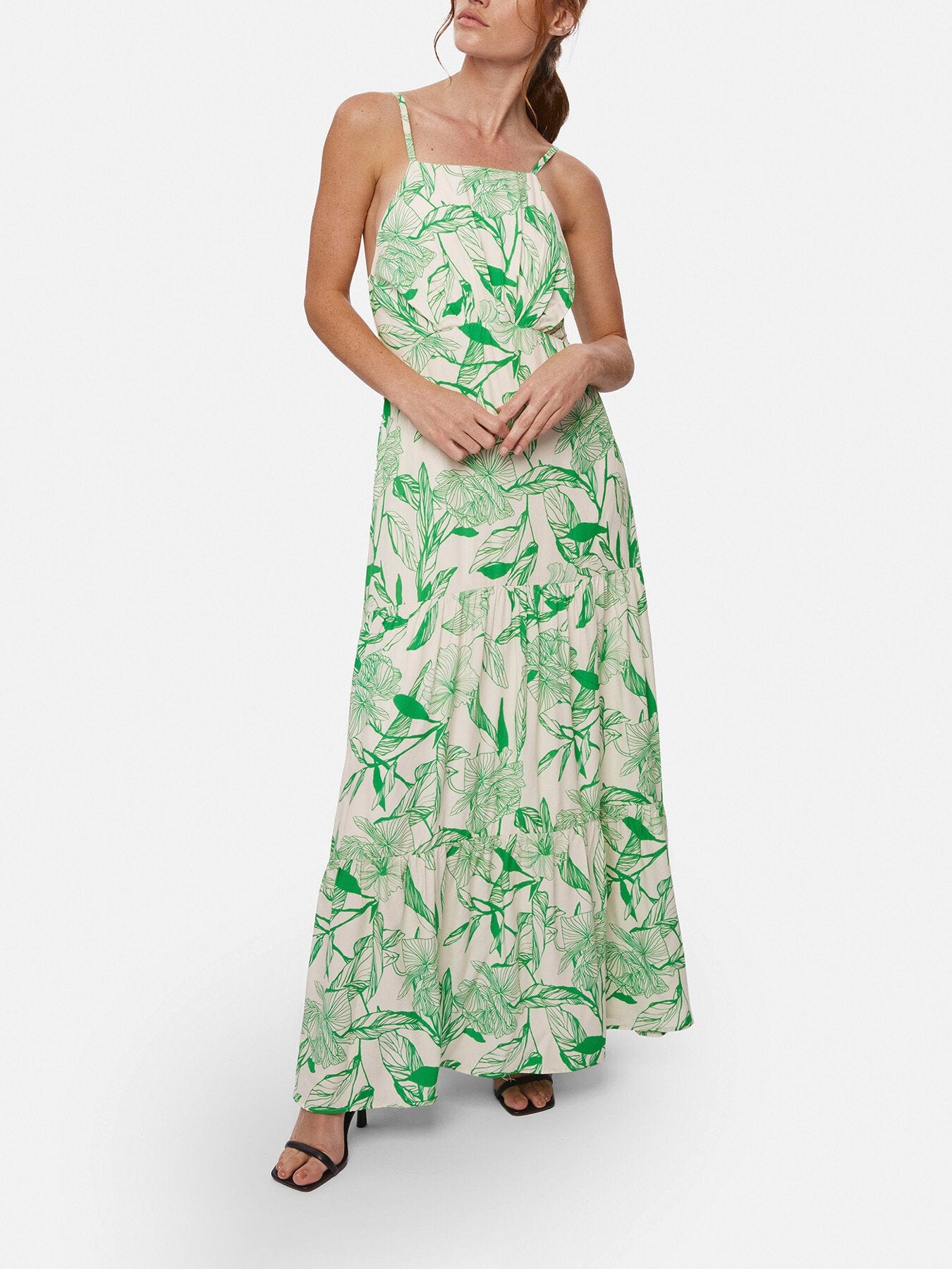 Open Back Print Tiered Midi Dress