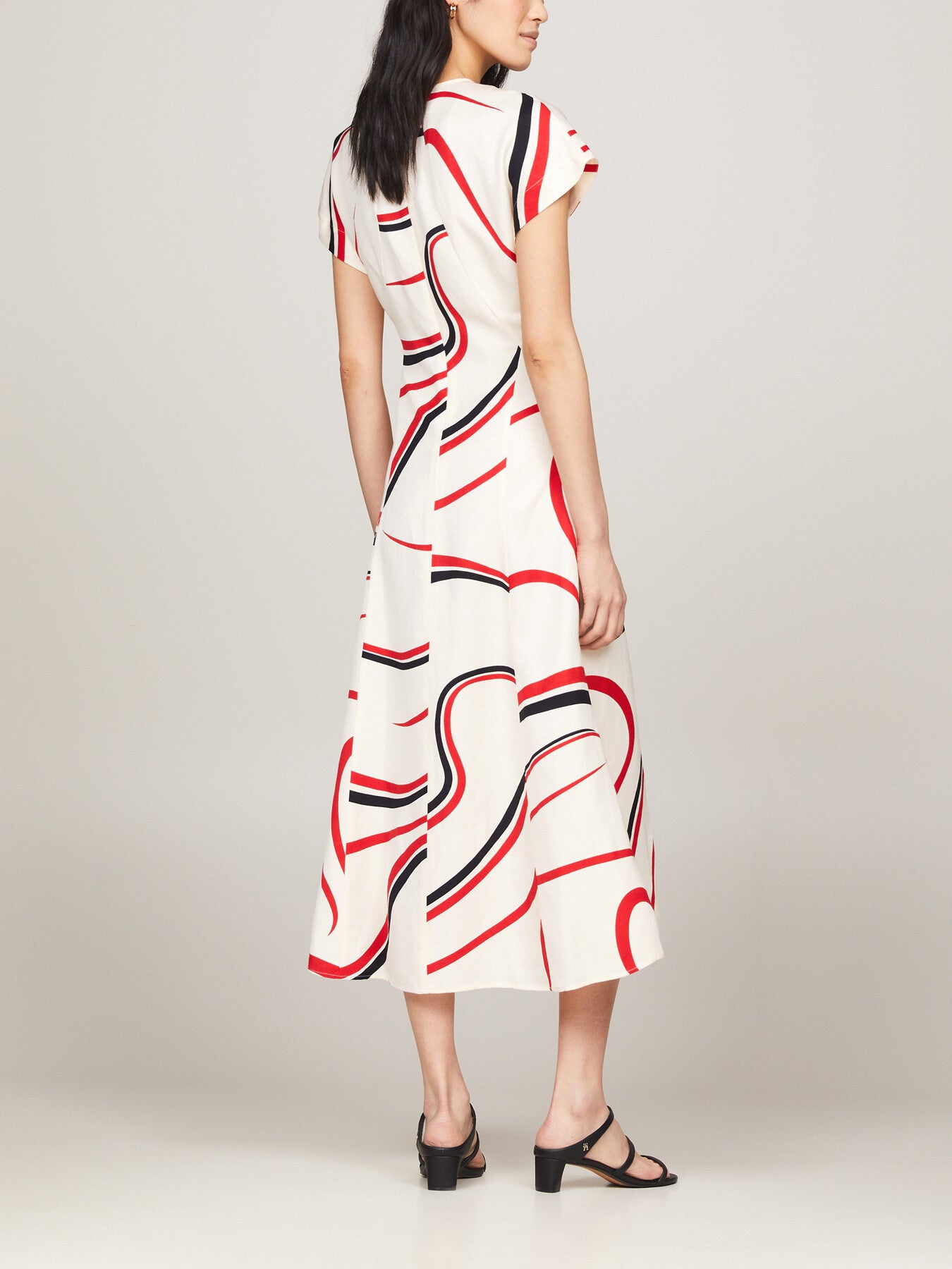 Ribbon Print Fit And Flare Midi Dress