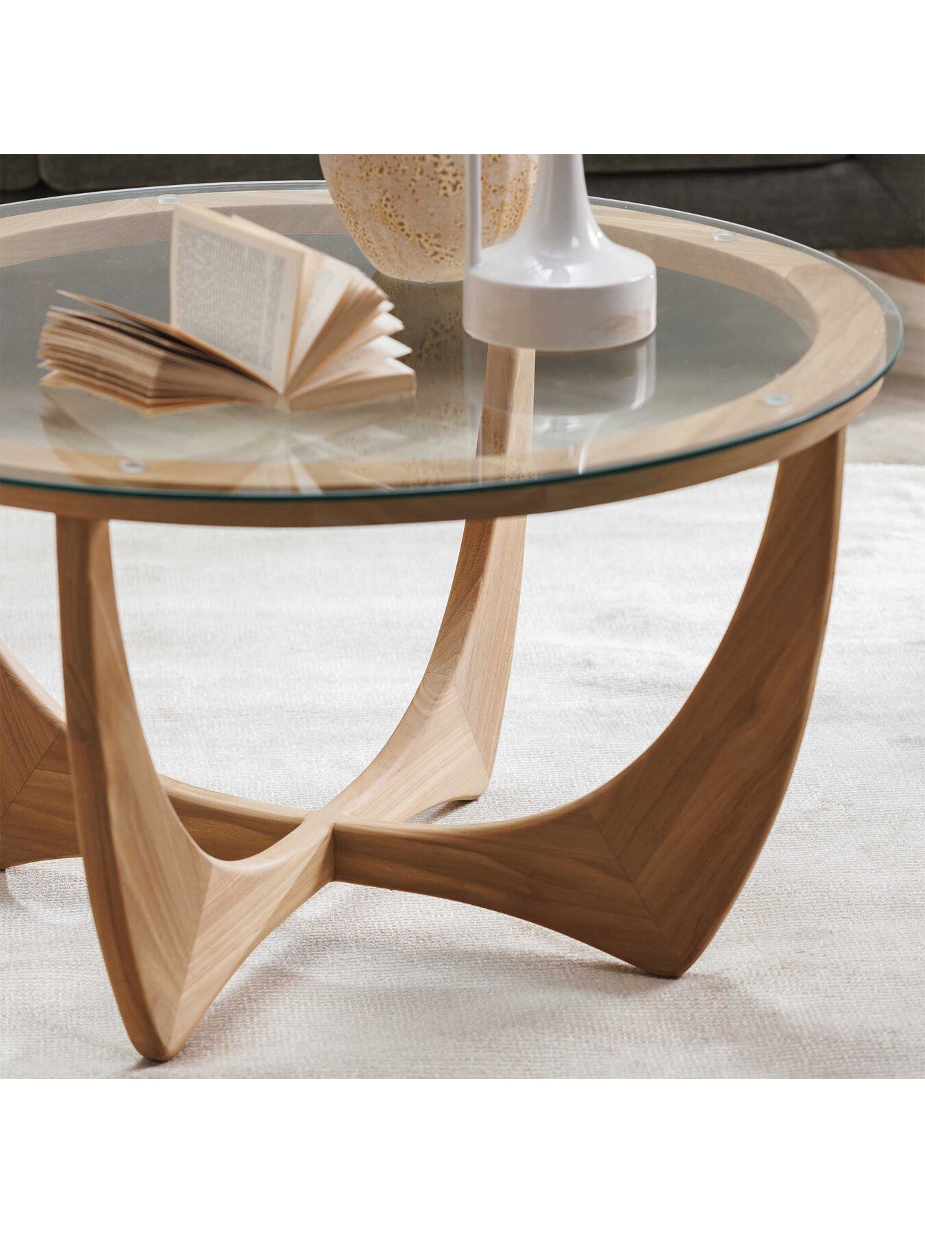 Yves Round Teak Wood and Glass Coffee Table