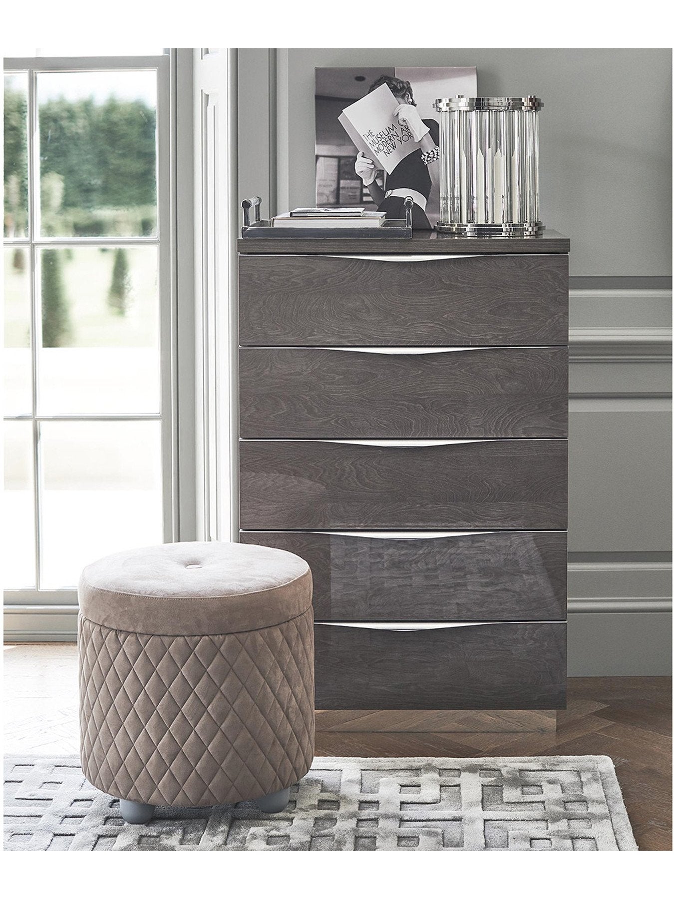 Lutyen 5 Drawer Tallboy, and Taupe