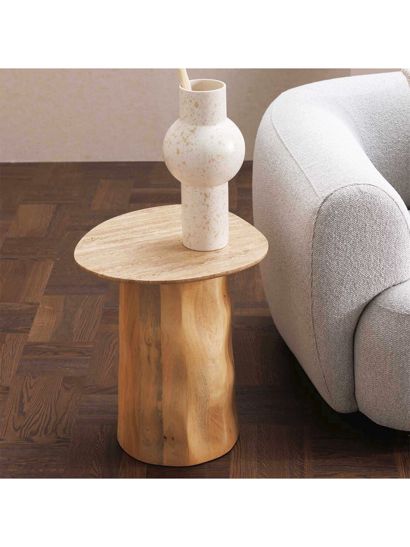 Rodin Neutral Mango Wood and Travertine Side Table, 45
