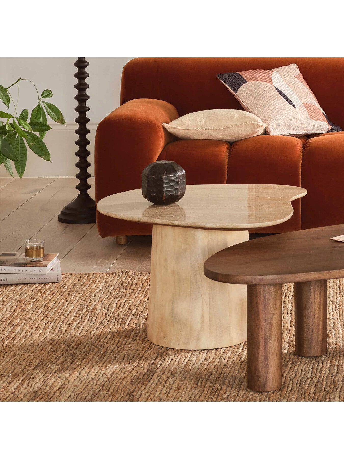 Rodin Neutral Mango Wood and Travertine Side Table, 70