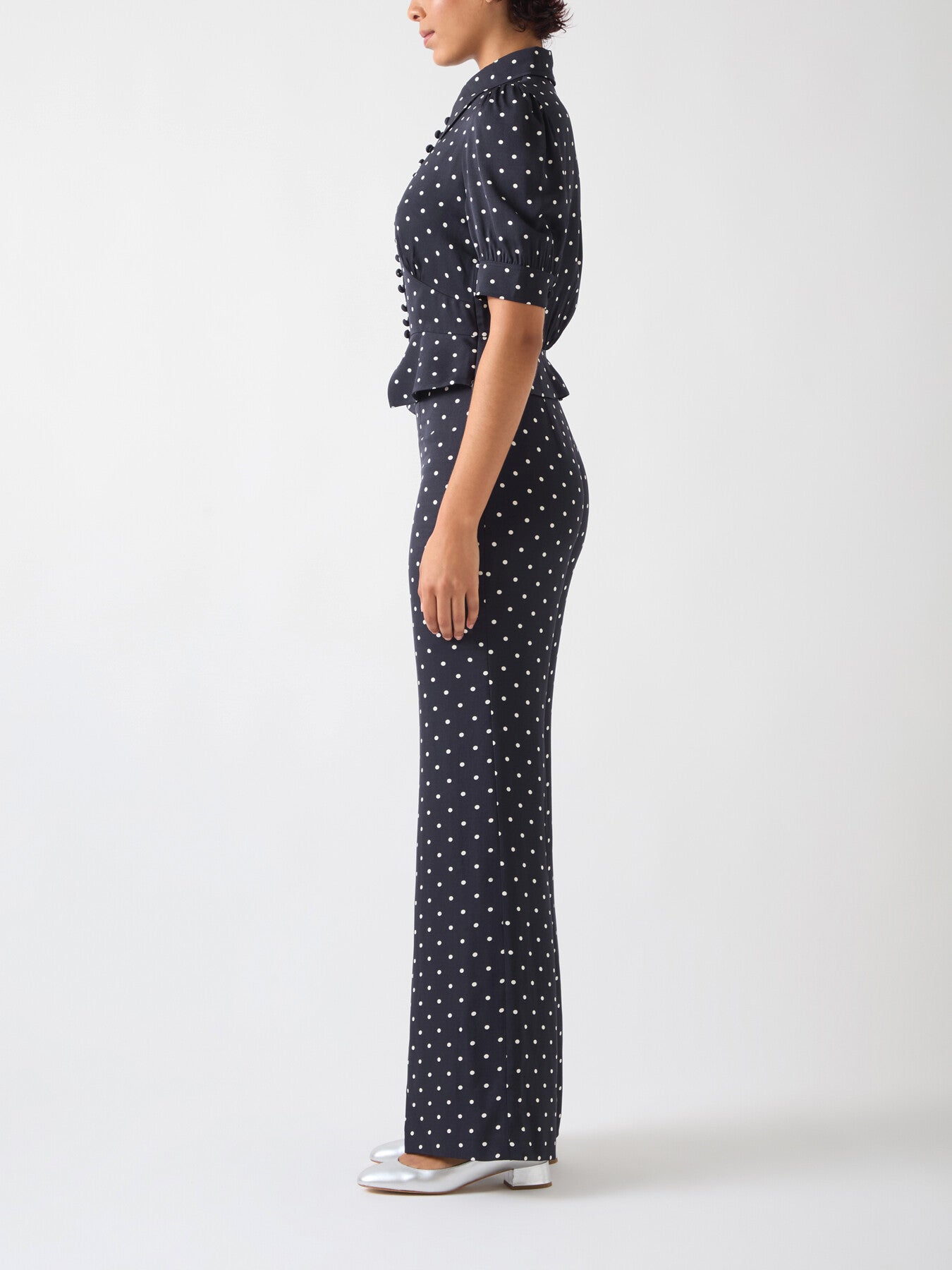 Elsie Spring Navy & Birch Viscose 40'S Polka Dot Button