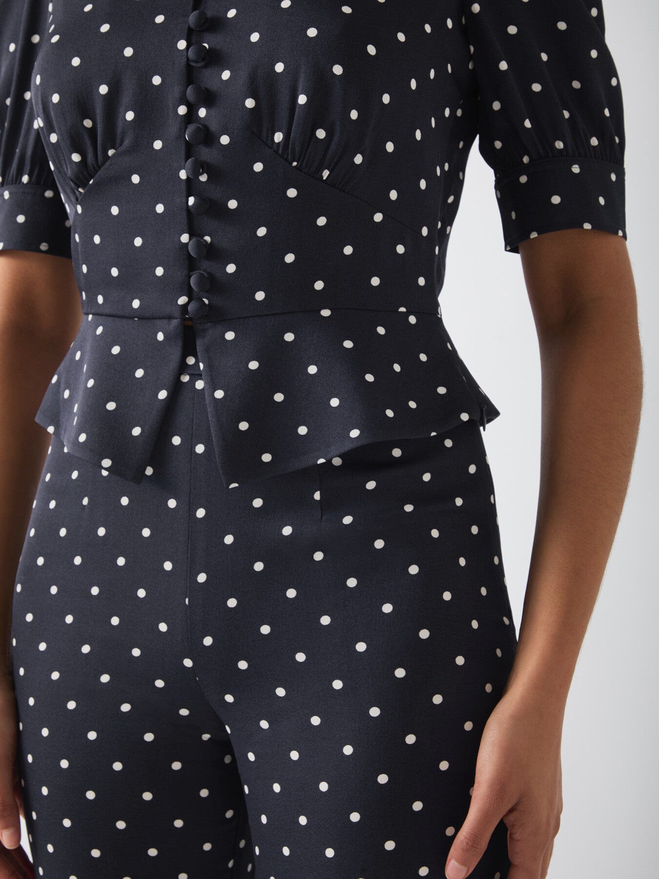 Elsie Spring Navy & Birch Viscose 40'S Polka Dot Button